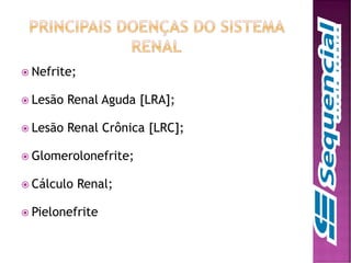  Nefrite;
 Lesão Renal Aguda [LRA];
 Lesão Renal Crônica [LRC];
 Glomerolonefrite;
 Cálculo Renal;
 Pielonefrite
 
