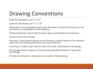 Drawing Conventions
Scale for floorplans use ¼”=1’-0”
Scale for Elevations use ½” = 1’-0”
Orientation if at all possible orient your direction so that N is facing up or the
entrance is at the bottom of the drawing
Dimensioning feet and inches for floor space and architectural elements
Inches only for furnishings
Extension Lines extend outside of the drawing, overall extension line farthest
away from the drawing dimensions on top of the line
Lettering is in block caps used for titles and scale information on drawings
Furnishings drawn in place on the drawing and dimensioned on top of the
furnishings
Architectural features dimensioned outside of the drawing
 
