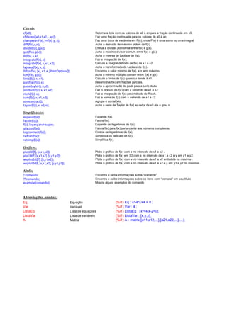 Abreviações usadas:
Eq Equação
Var Variável
ListaEq Lista de equações
ListaVar Lista de variáveis
A Matriz
(%i1) Eq : x²-4*x+4 = 0 ;
(%i1) Var : 4 ;
(%i1) ListaEq : [x²=4,x-2=0];
(%i1) ListaVar : [x,y,z];
(%i1) A : matrix([a11,a12,...],[a21,a22,...],...);
Cálculo:
Faz uma troca de variáveis em F(x), onde F(x) é uma soma ou uma integral
divide(f(x), g(x)); Efetua a divisão polinomial entre f(x) e g(x).
Acha o máximo divisor comum entre f(x) e g(x).
Faz a integração de f(x).
Calcula a integral definida de f(x) de x1 a x2.
Encontra o valor minimo de f(x), e = erro máximo.
Acha o minimo múltiplo comum entre f(x) e g(x).
Calcula o limite de f(x) quando x tende à x1.
Desenvolve f(x) em frações parciais.
Acha a aproximação de padé para a serie dada.
Faz o produto de f(x) com x variando de x1 a x2.
Faz a soma de f(x) com x variando de x1 a x2.
Agrupa o somatório.
Acha a serie de Taylor de f(x) ao redor de x0 ate o grau n.
Simplificação:
Expande f(x).
Fatora f(x).
Expande os logaritmos de f(x).
Fatora f(x) para f(x) pertencente aos números complexos.
Contrai os logaritmos de f(x).
Simplifica os radicais de f(x).
Simplifica f(x);
Gráficos:
plot2d([f], [x,x1,x2]); Plota o gráfico de f(x) com x no intervalo de x1 a x2 .
plot3d(f, [x,x1,x2], [y,y1,y2]); Plota o gráfico de f(x) em 3D com x no intervalo de x1 a x2 e y em y1 a y2.
wxplot2d([f], [x,x1,x2]);
wxplot3d(f, [x,x1,x2], [y,y1,y2]);
Ajuda:
? comando;
?? comando;
Mostra alguns exemplos do comando
cf(x0); Retorna a lista com os valores de a0 à an para a fração continuada em x0.
cfdisrep([a0,a1,a2,...,an]); Faz uma fração continuada para os valores de a0 à an.
changevar(F(x), y=f(x), y, x);
diff(f(x),x,n); Acha a derivada de n-ésima ordem de f(x).
gcd(f(x), g(x));
ilt(f(s), s, x); Acha a inversa de Laplace de f(s).
integrate(f(x), x);
integrate(f(x), x, x1, x2);
laplace(f(x), x, s); Acha a transformada de Laplace de f(x).
lbfgs(f(x), [x], x1, e ,[PrintOptions]);
lcm(f(x), g(x));
limit(f(x), x, x1);
partfrac(f(x), x);
pade(taylor(), n, d);
product(f(x), x, x1, x2);
risch(f(x), x); Faz a integração de f(x) pelo método de Risch.
sum(f(x), x, x1, x2);
sumcontract();
taylor(f(x), x, x0, n);
expand(f(x));
factor(f(x));
f(x), logexpand=super;
gfactor(f(x));
logcontract(f(x));
radcan(f(x));
ratsimp(f(x));
Plota o gráfico de f(x) com x no intervalo de x1 a x2 embutido no maxima .
Plota o gráfico de f(x) com x no intervalo de x1 a x2 e y em y1 a y2 no maxima .
Encontra e exibe informaçoes sobre “comando”
Encontra e exibe informaçoes sobre os itens com “comand” em seu titulo
example(comando);
 
