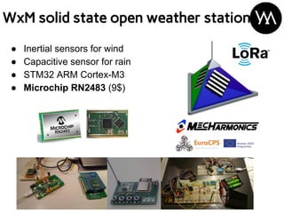 ● Inertial sensors for wind
● Capacitive sensor for rain
● STM32 ARM Cortex-M3
● Microchip RN2483 (9$)
WxM solid state ope...