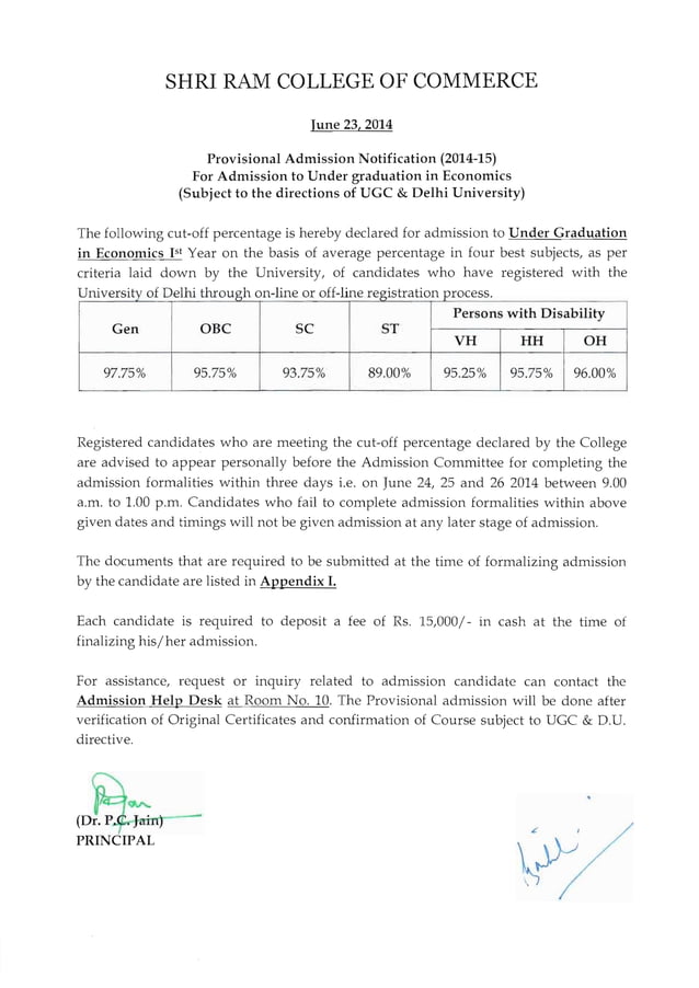 SRCC Economics 1st Cut off list PDF