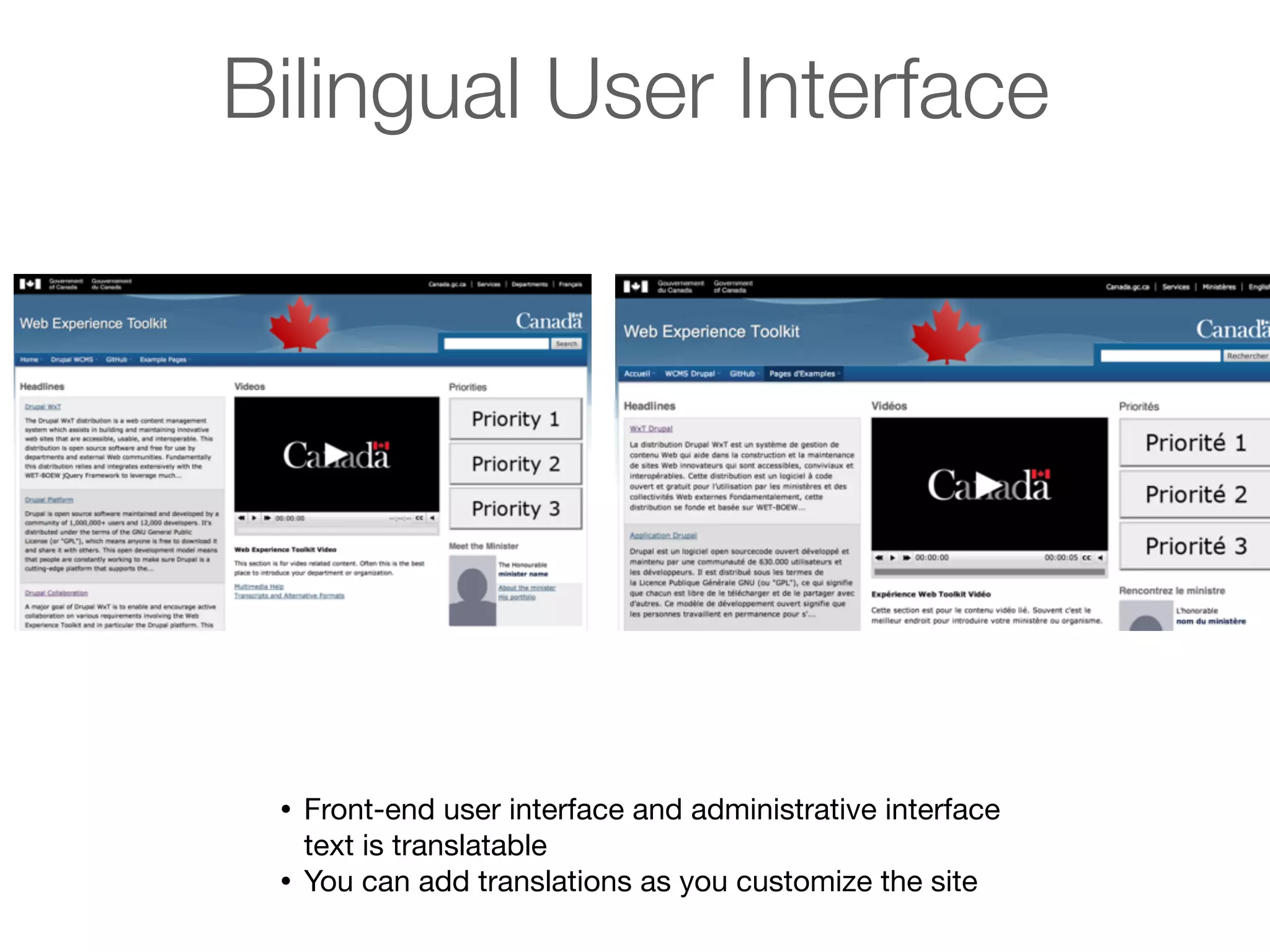 Bilingual User Interface

•
•

Front-end user interface and administrative interface
text is translatable
You can add translations as you customize the site

 