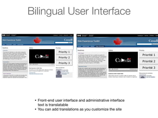 Bilingual User Interface

•
•

Front-end user interface and administrative interface
text is translatable
You can add translations as you customize the site

 