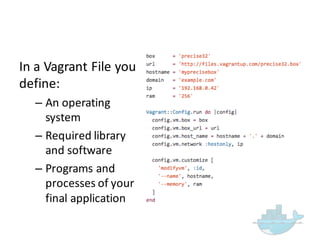 In  a  Vagrant  File  you  
define:
– An  operating  
system
– Required  library  
and  software
– Programs  and  
processes  of  your  
final  application
 