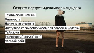Создаем портрет идеального кандидата
Технические навыки
Опытность
Наличие портфолио
Доступное количество часов для работы в неделю
Таймзона
Разговорный английский
Часовой рейт
 