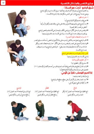 ‫لرضيع‬‫ا‬‫يبكي‬‫ورمبا‬‫نسداد‬‫ال‬‫ا‬‫يل‬‫ز‬‫سي‬‫فهذا‬ً‫ا‬‫بسيط‬‫لشرق‬‫ا‬‫كان‬‫فإذا‬‫يسعل‬‫أن‬‫لرضيع‬‫ا‬‫حياول‬‫رمبا‬
‫عن‬‫ينبغي‬‫و‬‫فعال‬‫بشكل‬‫لتنفس‬‫ا‬‫على‬ً‫ا‬‫قادر‬‫يصبح‬‫أن‬‫دها‬‫نسداد‬‫ال‬‫ا‬‫لة‬‫ا‬‫إز‬‫تتم‬‫مل‬‫فإذا‬:
0-:‫لظهر‬‫ا‬‫ضربات‬
ً‫ا‬‫أبد‬‫لرضيع‬‫ا‬‫ترتك‬‫ال‬‫لكن‬‫و‬‫للمساعدة‬‫اصرخ‬*
ً‫ا‬‫يض‬‫أ‬‫لرأس‬‫ا‬‫يكون‬‫حبيث‬‫مرفقك‬‫نيب‬‫ا‬‫ج‬‫على‬‫ورجاله‬‫لألسفل‬‫ووجهه‬‫يدك‬‫على‬‫لرضيع‬‫ا‬‫مدد‬*
)‫لصورة‬‫ا‬‫نظر‬‫ا‬(‫لصدر‬‫ا‬‫من‬‫أخفض‬
‫لراحي‬‫ا‬‫لوجه‬‫ا‬‫ب‬‫لكتف‬‫ا‬‫لوحي‬‫بني‬‫ما‬‫األكثر‬‫على‬‫ضربات‬‫خبمس‬‫قم‬*‫أل‬‫لرضيع‬‫ا‬‫وافحص‬‫صابعك‬
‫نسداد‬‫ال‬‫ا‬‫يل‬‫ز‬‫ت‬‫عندما‬‫وتوقف‬‫لضربات‬‫ا‬‫بني‬،‫نسداد‬‫ال‬‫ا‬‫بقي‬‫إذا‬‫و‬ً‫ا‬‫موجود‬‫يزل‬‫ومل‬‫لك‬‫ذ‬‫بعد‬
1-:‫ية‬‫ر‬‫لصد‬‫ا‬)‫ية‬‫و‬‫لق‬‫ا‬‫لضغطات‬‫ا‬(‫لدسرات‬‫ا‬
‫لصدر‬‫ا‬‫مستوى‬‫حتت‬‫رأسه‬‫واخفض‬)‫األخرى‬‫يدك‬‫على‬‫يده‬‫د‬‫(بتم‬‫لألعلى‬‫صدره‬‫واجعل‬‫لرضيع‬‫ا‬‫اقلب‬*
‫*وباستعمال‬‫أصبعني‬‫األكثر‬‫على‬‫دسرات‬‫خبمس‬‫قم‬‫لصدر‬‫ا‬‫على‬–‫لكن‬‫و‬‫لصدر‬‫ا‬‫ضغطات‬‫يشبه‬‫هذا‬
‫ب‬‫شدة‬‫أكثر‬‫لدسرات‬‫ا‬‫هذه‬‫وتوقف‬‫لدسرات‬‫ا‬‫بني‬‫لرضيع‬‫ا‬‫بتفحص‬‫قم‬.‫بطيء‬‫مبعدل‬‫وتنفذ‬‫طبيعتها‬
‫نسداد‬‫ال‬‫ا‬‫يل‬‫ز‬‫ت‬‫عندما‬
:‫ير‬‫ذ‬‫حت‬‫لرضيع‬‫ا‬‫على‬‫لبطنية‬‫ا‬‫لدسرات‬‫ا‬‫ب‬‫تقوم‬‫أن‬‫ياك‬‫إ‬
ً‫ا‬‫موجود‬‫يزل‬‫ومل‬‫لك‬‫ذ‬‫بعد‬‫نسداد‬‫ال‬‫ا‬‫بقي‬‫إذا‬
3-‫نية‬‫ا‬‫لث‬‫ا‬‫و‬‫األوىل‬‫اخلطوتني‬‫كرر‬
‫اخلطوتني‬‫تكرار‬‫يف‬‫استمر‬*0‫و‬1
‫أن‬‫لك‬‫بدا‬‫إذا‬*(‫باإلسعاف‬‫االتصال‬‫أحدهم‬‫من‬‫واطلب‬‫للمساعدة‬ً‫ا‬‫طلب‬‫فاصرخ‬‫ّال‬‫ع‬‫ف‬‫غري‬‫لعالج‬‫ا‬001)
ً‫ا‬‫أبد‬‫لعالج‬‫ا‬‫تقاطع‬‫ال‬‫لكن‬‫و‬‫إسعاف‬‫سيارة‬‫على‬‫للحصول‬
:‫لوعيه‬‫املصاب‬‫فقدان‬‫حال‬‫يف‬
)‫للرضيع‬‫قاس‬‫مسطح‬‫سطح‬‫على‬‫(أو‬‫األرض‬‫إىل‬‫حبذر‬‫املصاب‬‫أسند‬*
:‫يلي‬‫كما‬‫ئوي‬‫ر‬‫ل‬‫ا‬‫لقليب‬‫ا‬‫نعاش‬‫إل‬‫با‬‫ابدأ‬*
‫لغ‬‫ا‬‫للب‬
‫لصفحة‬‫ا‬‫يف‬‫اخلطوات‬‫اتبع‬1‫يكن‬‫مل‬‫"إذا‬‫لعنوان‬‫ا‬‫بعد‬
"‫طبيعي‬‫بشكل‬‫يتنفس‬‫املصاب‬
‫للطفل‬
‫لصفحة‬‫ا‬‫يف‬‫اخلطوات‬‫اتبع‬56‫مل‬‫"إذا‬‫لعنوان‬‫ا‬‫بعد‬
"‫طبيعي‬‫بشكل‬‫يتنفس‬‫أن‬‫لطفل‬‫ا‬‫يستطع‬
‫للرضيع‬
‫لصفحة‬‫ا‬‫يف‬‫لرتتيب‬‫ا‬‫اتبع‬51‫مل‬‫"إذا‬‫لعنوان‬‫ا‬‫بعد‬
"‫طبيعي‬‫بشكل‬‫يتنفس‬‫أن‬‫لرضيع‬‫ا‬‫يستطع‬
07
 