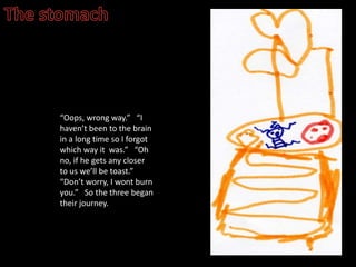 The stomachOops, wrong way.   I havent been to the brain in a long time so I forgot which way it  was.   Oh no, if he gets any closer to us well be toast.   Dont worry, I wont burn you.   So the three began their journey.