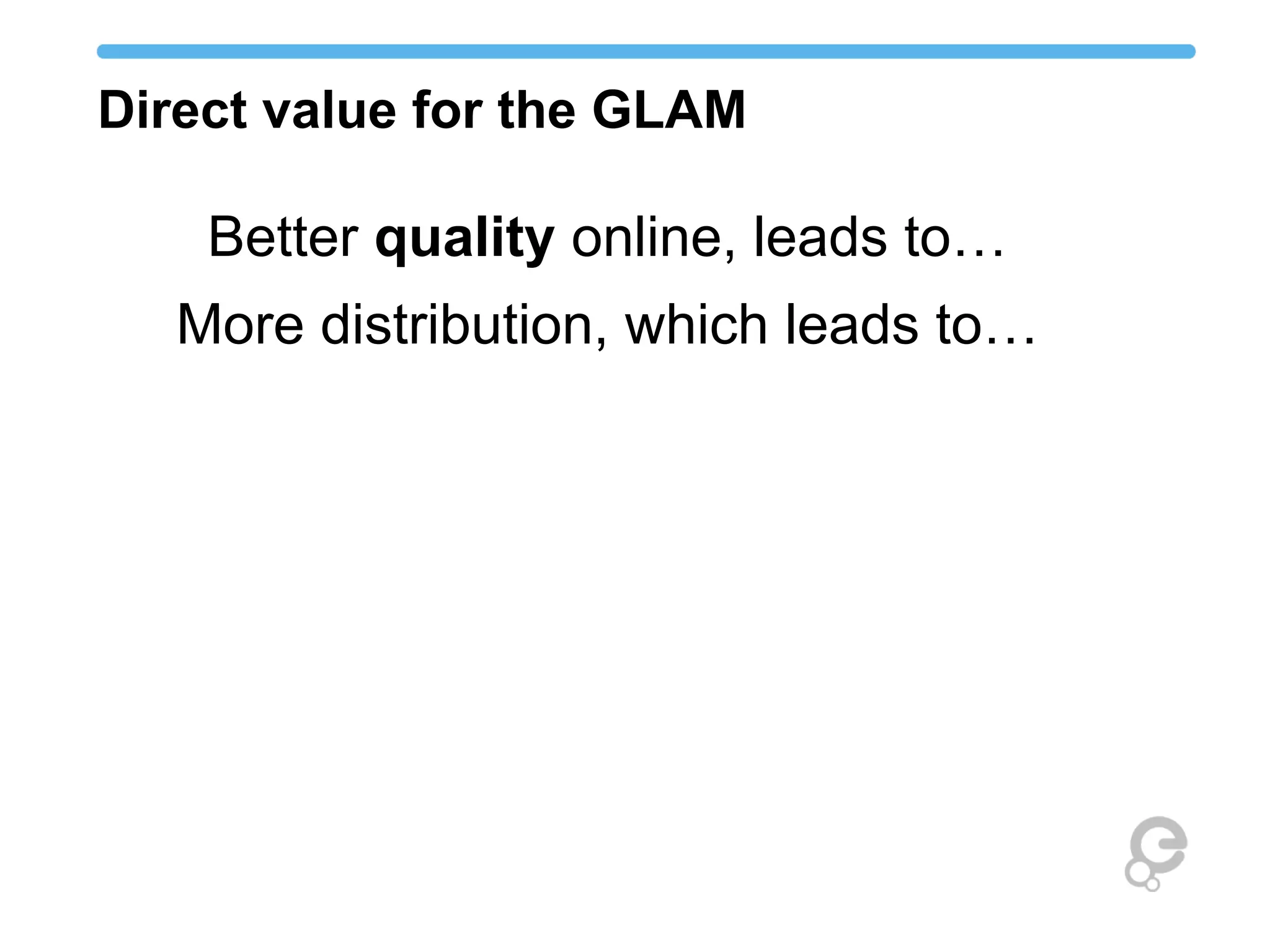 Direct value for the GLAM
Better quality online, leads to…
More distribution, which leads to…
 