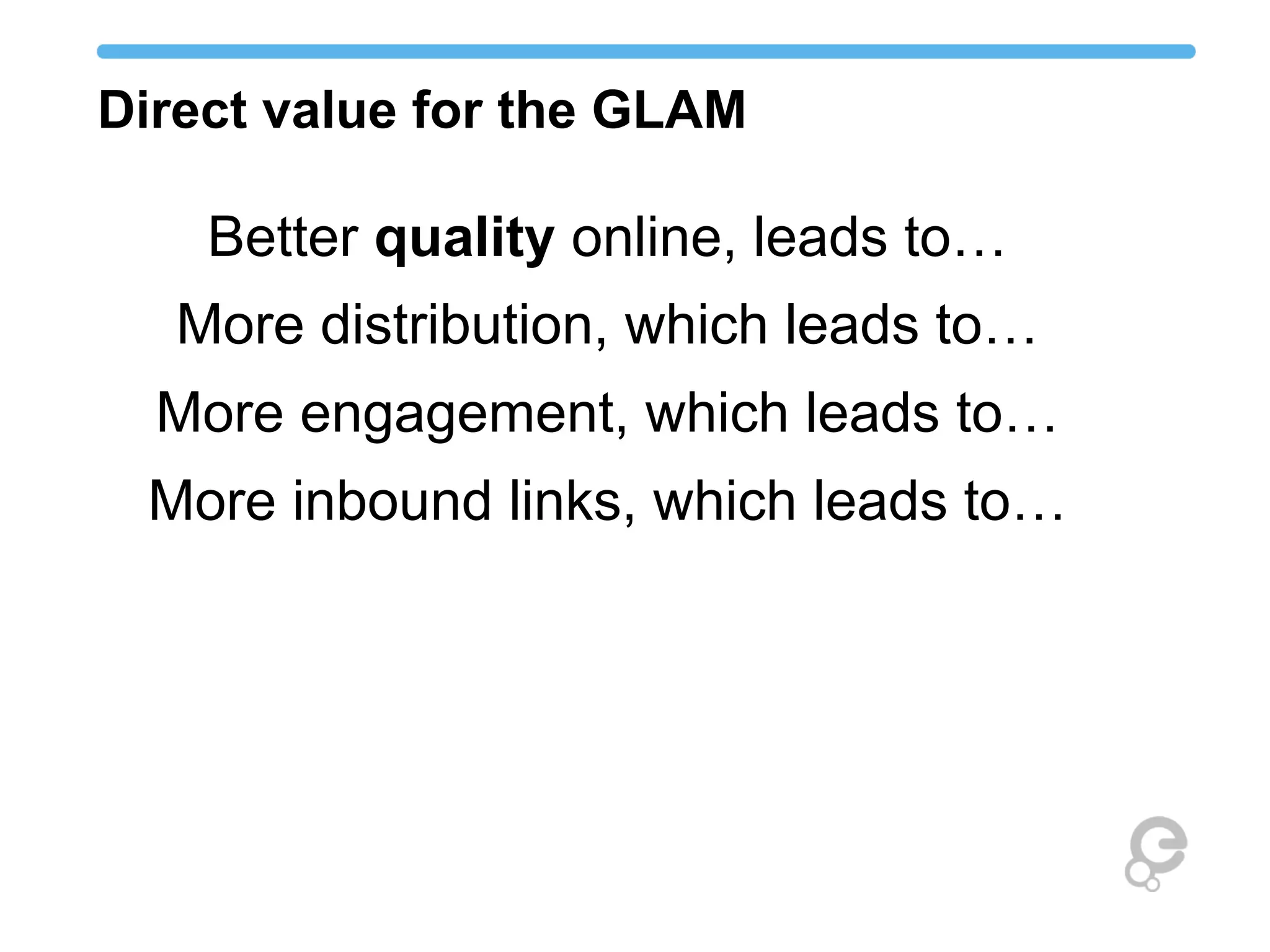 Direct value for the GLAM
Better quality online, leads to…
More distribution, which leads to…
More engagement, which leads to…
More inbound links, which leads to…
 