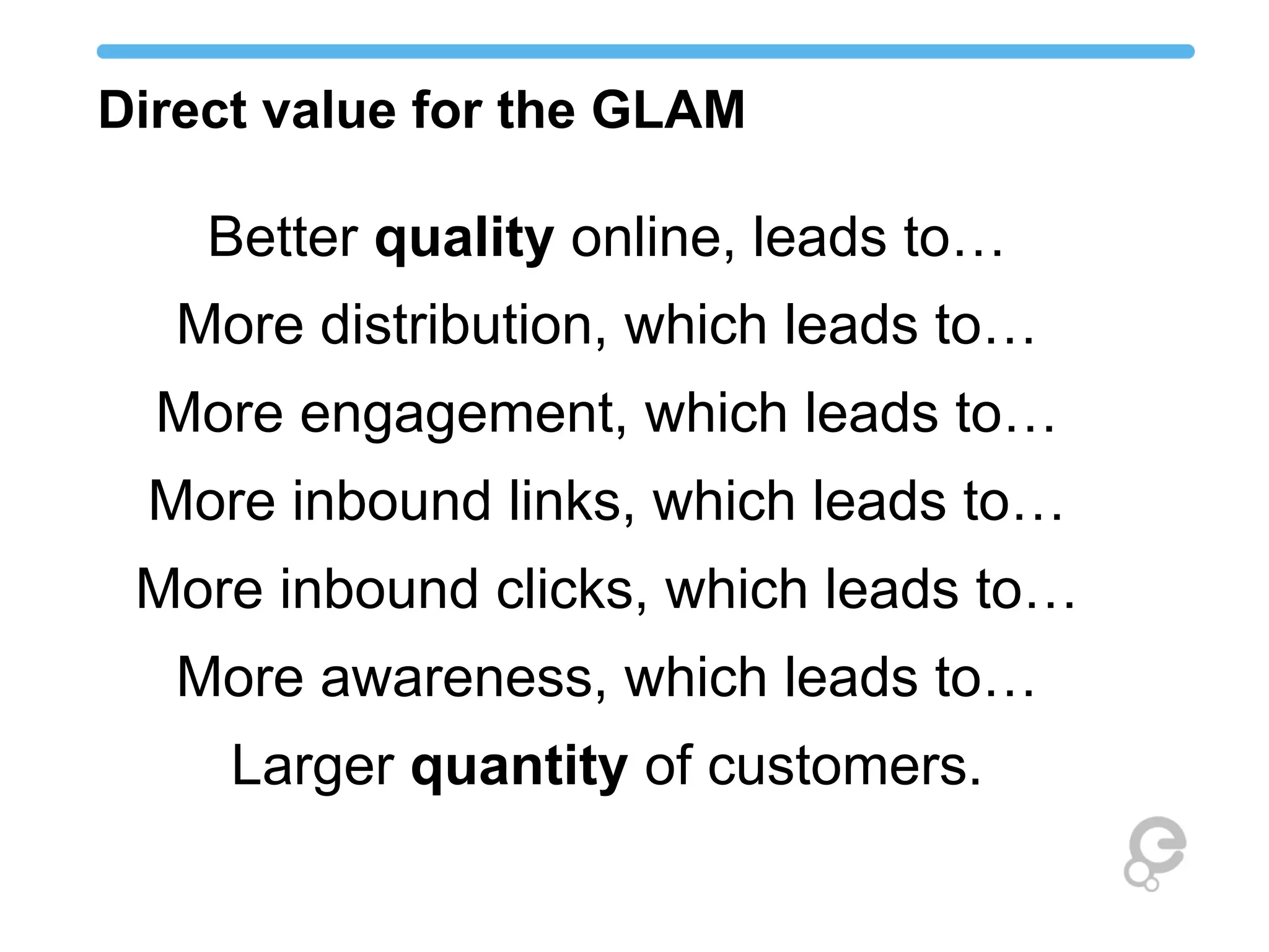 Direct value for the GLAM
Better quality online, leads to…
More distribution, which leads to…
More engagement, which leads to…
More inbound links, which leads to…
More inbound clicks, which leads to…
More awareness, which leads to…
Larger quantity of customers.
 