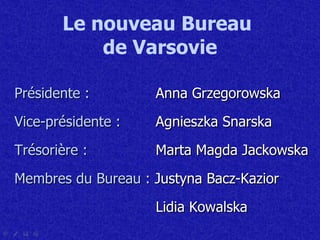 Le  nouveau  B ureau  de   Varsovie Pr é sidente :     Anna Grzegorowska Vice-pr é sidente :     Agnieszka Snarska Tr é sori è re :     Marta Magda Jackowska Membres du Bureau :  Justyna Bacz-Kazior   Lidia Kowalska 