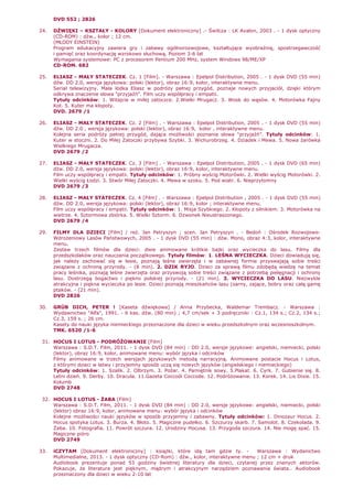 DVD 552 ; 2826
24. DŹWIĘKI – KSZTAŁY - KOLORY [Dokument elektroniczny] .- Świlcza : LK Avalon, 2003 . - 1 dysk optyczny
(CD-ROM) : dźw., kolor ; 12 cm.
(MŁODY EINSTEIN)
Program edukacyjny zawiera gry i zabawy ogólnorozwojowe, kształtujące wyobraźnię, spostrzegawczość
i pamięć oraz koordynację wzrokowo słuchową. Poziom 3-6 lat
Wymagania systemowe: PC z procesorem Pentium 200 MHz, system Windows 98/ME/XP
CD-ROM. 682
25. ELIASZ - MAŁY STATECZEK. Cz. 1 [Film]. - Warszawa : Epelpol Distribution, 2005 . - 1 dysk DVD (55 min)
dźw. DD 2.0, wersja językowa: polski (lektor), obraz 16:9, kolor, interaktywne menu.
Serial telewizyjny. Mała łódka Eliasz w podróŜy pełnej przygód, poznaje nowych przyjaciół, dzięki którym
odkrywa znaczenie słowa "przyjaźń". Film uczy współpracy i empatii.
Tytuły odcinków: 1. Witajcie w miłej zatoczce. 2.Wielki Mrugacz. 3. Wosk do wąsów. 4. Motorówka Fajny
Kot. 5. Kuter ma kłopoty.
DVD. 2679 /1
26. ELIASZ - MAŁY STATECZEK. Cz. 2 [Film] . - Warszawa : Epelpol Distribution, 2005 . - 1 dysk DVD (55 min)
dźw. DD 2.0 , wersja językowa: polski (lektor), obraz 16:9, kolor , interaktywne menu.
Kolejna seria podróŜy pełnej przygód, dająca moŜliwości poznania słowa "przyjaźń”. Tytuły odcinków: 1.
Kuter w stoczni. 2. Do Miłej Zatoczki przybywa Szybki. 3. Wichurobrzeg. 4. Dziadek i Mewa. 5. Nowa Ŝarówka
Wielkiego Mrugacza.
DVD 2679 /2
27. ELIASZ - MAŁY STATECZEK. Cz. 3 [Film] . - Warszawa : Epelpol Distribution, 2005 . - 1 dysk DVD (65 min)
dźw. DD 2.0, wersja językowa: polski (lektor), obraz 16:9, kolor, interaktywne menu.
Film uczy współpracy i empatii. Tytuły odcinków: 1. Próbny wyścig Motorówki. 2. Wielki wyścig Motorówki. 2.
Wielki wyścig Łodzi. 3. Stwór Miłej Zatoczki. 4. Mewa w szoku. 5. Pod wiatr. 6. Nieprzytomny
DVD 2679 /3
28. ELIASZ - MAŁY STATECZEK. Cz. 4 [Film] . - Warszawa : Epelpol Distribution , 2005 . - 1 dysk DVD (55 min)
dźw. DD 2.0, wersja językowa: polski (lektor), obraz 16:9, kolor ; interaktywne menu.
Film uczy współpracy i empatii. Tytuły odcinków: 1. Misja Szybkiego. 2. Kłopoty z silnikiem. 3. Motorówka na
wietrze. 4. Sztormowa zbiórka. 5. Wielki Sztorm. 6. Dzwonek Nieustraszonego.
DVD 2679 /4
29. FILMY DLA DZIECI [Film] / reŜ. Jan Petryszyn ; scen. Jan Petryszyn . - Bedoń : Ośrodek Rozwojowo-
WdroŜeniowy Lasów Państwowych, 2005 . - 1 dysk DVD (55 min) : dźw. Mono, obraz 4:3, kolor, interaktywne
menu.
Zestaw trzech filmów dla dzieci: dwie animowane krótkie bajki oraz wycieczka do lasu. Filmy dla
przedszkolaków oraz nauczania początkowego. Tytuły filmów: 1. LEŚNA WYCIECZKA. Dzieci dowiadują się,
jak naleŜy zachować się w lesie, poznają leśne zwierzęta i w zabawnej formie przyswajają sobie treści
związane z ochroną przyrody. - (8 min). 2. DZIK RYJO. Dzieci za sprawą filmu zdobędą wiedzę na temat
pracy leśnika, poznają leśne zwierzęta oraz przyswoją sobie treści związane z potrzebą pielęgnacji i ochrony
lasu. Dostrzegą bogactwo i piękno polskiej przyrody. - (21 min). 3. WYCIECZKA DO LASU. Niezwykle
atrakcyjna i piękna wycieczka po lesie. Dzieci poznają mieszkańców lasu (sarny, zające, bobry oraz całą gamę
ptaków. - (21 min).
DVD 2826
30. GRÜB DICH, PETER ! [Kaseta dźwiękowa] / Anna Przybecka, Waldemar Trembacz. - Warszawa :
Wydawnictwo "Alfa", 1991. - 6 kas. dźw. (80 min) ; 4,7 cm/sek + 3 podręczniki : Cz.1, 134 s.; Cz.2, 134 s.;
Cz.3, 159 s. ; 26 cm.
Kasety do nauki języka niemieckiego przeznaczone dla dzieci w wieku przedszkolnym oraz wczesnoszkolnym.
TMK. 6520 /1-6
31. HOCUS I LOTUS - PODRÓśOWANIE [Film]
Warszawa : S.D.T. Film, 2011. - 1 dysk DVD (84 min) : DD 2.0, wersje językowe: angielski, niemiecki, polski
(lektor), obraz 16:9, kolor, animowane menu: wybór języka i odcinków
Filmy animowane w trzech wersjach językowych metodą narracyjną. Animowane postacie Hocus i Lotus,
z którymi dzieci w łatwy i przyjemny sposób uczą się nowych języków (angielskiego i niemieckiego)
Tytuły odcinków: 1. Szalik. 2. Olbrzym. 3. PoŜar. 4. Pamiętnik sowy. 5.Plakat. 6. Cyrk. 7. Gubienie się. 8.
Letni dzień. 9. Derby. 10. Dracula. 11.Gazeta Coccodi Coccode. 12. PodróŜowanie. 13. Korek. 14. Lis Dixie. 15.
Kolumb
DVD 2748
32. HOCUS I LOTUS - śABA [Film]
Warszawa : S.D.T. Film, 2011. - 1 dysk DVD (84 min) : DD 2.0, wersje językowe: angielski, niemiecki, polski
(lektor) obraz 16:9, kolor, animowane menu: wybór języka i odcinków
Kolejne moŜliwości nauki języków w sposób przyjemny i zabawny. Tytuły odcinków: 1. Dinozaur Hocus. 2.
Hocus spotyka Lotus. 3. Burza. 4. Błoto. 5. Magiczne pudełko. 6. Szczurzy skarb. 7. Samolot. 8. Czekolada. 9.
śaba. 10. Fotografia. 11. Powrót szczura. 12. Urodziny Hocusa. 13. Przygoda szczura. 14. Nie mogę spać. 15.
Magiczne pióro
DVD 2749
33. iCZYTAM [Dokument elektroniczny] : ksiąŜki, które idą tam gdzie ty. - Warszawa : Wydanictwo
Multimedialne, 2013. - 1 dysk optyczny (CD-Rom) : dźw., kolor, interaktywne menu ; 12 cm + druk
Audiobook prezentuje ponad 53 godziny świetnej literatury dla dzieci, czytanej przez znanych aktorów.
Pokazuje, Ŝe literatura jest pięknym, mądrym i atrakcyjnym narzędziem poznawania świata.. Audiobook
przeznaczony dla dzieci w wieku 2-10 lat
 