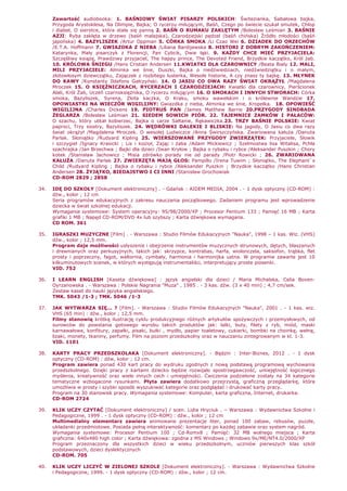 Zawartość audiobooka: 1. BAŚNIOWY ŚWIAT PISARZY POLSKICH: Świtezianka, Sabałowa bajka,
Przygoda Arystoklesa, Na Olimpie, Bajka; O rycerzu miłującym, Baśń, Czego po świecie szukał smutek, Chłop
i diabeł, O sierotce, która stała się panną 2. BAŚŃ O RUMAKU ZAKLĘTYM /Bolesław Leśmian 3. BAŚNIE
AZJI: Ryba zaklęta w drzewo (baśń malajska), Czarodziejski pędzel (baśń chińska) Źródło młodości (baśń
japońska) 4. BAZYLISZEK /Artur Oppman 5. CÓRKA SMOKA /Li Czao Wei 6. DZIADEK DO ORZECHÓW
/E.T.A. Hoffmann 7. GWIAZDKA Z NIEBA /Liliana Bardijewska 8. HISTORI Z DOBRYM ZAKOŃCZENIEM:
Katarynka, Mały pisarczyk z Florencji, Pan Cybcik, Dwie łąki. 9. KAśDY CHCE MIEĆ PRZYJACIELA:
Szczęśliwy ksiąŜę, Prawdziwy przyjaciel, The happy prince, The Devoted Friend, Brzydkie kaczątko, Król Ŝab.
10. KRÓLOWA ŚNIEGU /Hans Cristian Andersen 11.KWIATKI DLA CZAROWNICY /Beata Biały 12. MALI,
MILI PRZYJACIELE: Alminka we śnie, Duszki, Bajka o niedźwiedziach, niedźwiedziątku i o małym,
złotowłosym dziewczątku, Zajączek z rozbitego lusterka, Wesołe historie, A czy znasz ty bajkę. 13. MŁYNEK
DO KAWY /Konstanty Ildefons Gałczyński. 14. O JASIU CO DWA RAZY ŚWIAT OKRĄśYŁ /Magdalena
Mroczek 15. O KSIĘśNICZKACH, RYCERZACH I CZARODZIEJACH: Kwiatki dla czarownicy, Pierścionek
Alali, Król śab, Uczeń czarnoksięŜnika, O rycerzu miłującym 16. O SMOKACH I INNYCH STWORACH: Córka
smoka, Bazyliszek, Syrena, Złota kaczka, O Kraku, smoku wawelskim i o królewnie Wandzie 17.
OPOWIASTKI NA WIECZÓR WIGILIJNY: Gwiazdka z nieba, Alminka we śnie, Kropelka. 18. OPOWIEŚĆ
WIGILIJNA /Charles Dickens 19. PIOTRUŚ PAN /James Matthew Barrie 20.PRZYGODY SINDBADA
śEGLARZA /Bolesław Leśmian 21. SIEDEM SOWICH PIÓR. 22. TAJEMNICE ZAMKÓW I PAŁACÓW:
O szachu, który utkał kobierzec, Bajka o carze Sałtanie, Rękawiczka.23. TRZY BAŚNIE POLSKIE: Kwiat
paproci, Trzy siostry, Bazyliszek. 24. WĘDRÓWKI DALEKIE I BLISKIE: Na jagody, O Jasiu co dwa razy
świat okrąŜył /Magdalena Mroczek. O wesołej Ludwiczce /Anna Świrszczyńska. Zwariowana kałuŜa /Danuta
Parlak. Słoniątko /Rudyard Kipling 25. WIERSZOWANE PRZYGODY ZWIERZĄTEK: Przyjaciele, Słowik
i szczygieł /Ignacy Krasicki ; Lis i kozioł, Zając i Ŝaba /Adam Mickiewicz ; Szelmostwa lisa Witalisa, Pchła
szachrajka /Jan Brzechwa ; Bajki dla dzieci /Iwan Kryłow ; Bajka o rybaku i rybce /Aleksander Puszkin ; Chory
kotek /Stanisław Jachowicz ; Misia zdrówko porady nie od parady /Piotr Rowicki ; 26. ZWARIOWANA
KAŁUśA /Danuta Parlak 27. ZWIERZĘTA MAJĄ GŁOS: Pampillo /Irena Tuwim ; Słoniątko, The Elephant`s
Child /Rudyard Kipling ; Bajka o rybaku i rybce /Aleksander Puszkin ; Brzydkie kaczątko /Hans Christian
Andersen 28. śYJĄTKO, BIEDAJSTWO I CI INNI /Stanisław Grochowiak
CD-ROM 2829 ; 2858
34. IDĘ DO SZKOŁY [Dokument elektroniczny] . - Gdańsk : AIDEM MEDIA, 2004 . - 1 dysk optyczny (CD-ROM) :
dźw., kolor ; 12 cm
Seria programów edukacyjnych z zakresu nauczania początkowego. Zadaniem programu jest wprowadzenie
dziecka w świat szkolnej edukacji.
Wymagania systemowe: System operacyjny: 95/98/2000/XP ; Procesor Pentium 133 ; Pamięć 16 MB ; Karta
grafiki 1 MB ; Napęd CD-ROM/DVD 4x lub szybszy ; Karta dźwiękowa wymagana.
CD ROM. 361
35. IGRASZKI MUZYCZNE [Film] . - Warszawa : Studio Filmów Edukacyjnych "Nauka", 1998 – 1 kas. Wiz. (VHS)
dźw., kolor ; 12,5 mm.
Program daje moŜliwości usłyszenie i obejrzenie instrumentów muzycznych strunowych, dętych, blaszanych
i drewnianych oraz perkusyjnych, takich jak: skrzypce, kontrabas, harfa, wiolonczela, saksofon, trąbka, flet
prosty i poprzeczny, fagot, waltornia, cymbały, harmonia i harmonijka ustna. W programie zawarte jest 10
kilkuminutowych scenek, w których występują instrumentaliści, interpretujący proste piosenki.
VID. 752
36. I LEARN ENGLISH [Kaseta dźwiękowa] : język angielski dla dzieci / Maria Michalska, Celia Boven-
Oyrzanowska . - Warszawa : Polskie Nagrania "Muza" , 1985 . - 3 kas. dźw. (3 x 40 min) ; 4,7 cm/sek.
Zestaw kaset do nauki języka angielskiego.
TMK. 5043 /1-3 ; TMK. 5046 /1-3
37. JAK WYTWARZA SIĘ... ? [Film]. - Warszawa : Studio Filmów Edukacyjnych "Nauka", 2001 . - 1 kas. wiz.
VHS (65 min) : dźw., kolor ; 12,5 mm.
Filmy stanowią krótką ilustrację cyklu produkcyjnego róŜnych artykułów spoŜywczych i przemysłowych, od
surowców do powstania gotowego wyrobu takich produktów jak: lalki, buty, filety z ryb, miód, maski
karnawałowe, konfitury, zapałki, pisaki, bułki , mydło, papier toaletowy, cukierki, bombki na choinkę, wełnę,
lizaki, monety, tkaniny, perfumy. Film na poziom przedszkolny oraz w nauczaniu zintegrowanym w kl. 1-3.
VID. 1101
38. KARTY PRACY PRZEDSZKOLAKA [Dokument elektroniczny]. - Będzin : Inter-Biznes, 2012 . - 1 dysk
optyczny (CD-ROM) : dźw, kolor ; 12 cm.
Program zawiera ponad 430 kart pracy do wydruku zgodnych z nową podstawą programową wychowania
przedszkolnego. Dzięki pracy z kartami dziecko będzie rozwijało spostrzegawczość, umiejętność logicznego
myślenia, kreatywność oraz wiele innych cech i umiejętności. Ćwiczenia podzielone zostały na 34 kategorie
tematyczne wzbogacone rysunkami. Płyta zawiera dodatkowo przejrzystą, graficzną przeglądarkę, która
umoŜliwia w prosty i szybki sposób wyszukiwać kategorie oraz podglądać i drukować karty pracy.
Program na 30 stanowisk pracy. Wymagania systemowe: Komputer, karta graficzna, Internet, drukarka.
CD-ROM 2724
39. KLIK UCZY CZYTAĆ [Dokument elektroniczny] / scen. Lidia Hryciuk . – Warszawa : Wydawnictwa Szkolne i
Pedagogiczne, 1999 . - 1 dysk optyczny (CD-ROM) : dźw., kolor ; 12 cm
Multimedialny elementarz zawiera animowane prezentacje liter, ponad 100 zabaw, rebusów, puzzle,
układanki przedmiotowe. Posiada pełną interaktywność: komentarz po kaŜdej zabawie oraz system nagród.
Wymagania systemowe: Procesor Pentium 100 ; Cd-Romx8 ; Pamięć: 32 MB wolnego miejsca ; Karta
graficzna: 640x480 high color ; Karta dźwiękowa: zgodna z MS Windows ; Windows 9x/ME/NT4.0/2000/XP
Program przeznaczony dla wszystkich dzieci w wieku przedszkolnym, uczniów pierwszych klas szkół
podstawowych, dzieci dyslektycznych
CD-ROM. 705
40. KLIK UCZY LICZYĆ W ZIELONEJ SZKOLE [Dokument elektroniczny]. - Warszawa : Wydawnictwa Szkolne
i Pedagogiczne, 1999. - 1 dysk optyczny (CD-ROM) : dźw., kolor ; 12 cm.
 