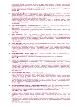 Multimedialne zabawy arytmetyczne dla dzieci w wieku wczesnoszkolnym. Zadaniem programu jest
uatrakcyjnienie procesu nauczania i uczenia się matematyki oraz przyrody na poziomie przedszkolnym
i wczesnoszkolnym.
Wymagania systemowe: Komputer zgodny z IBM PC 486 MHZ ; Pamięć operacyjna 16 MB ; Karta graficzna
640x480 ; Karta dźwiękowa ; Windows 3.1 lub nowsza wersja.
CD-ROM. 60
41. KLIK UCZY ŚPIEWAĆ [Dokument elektroniczny] / scen. Maria Elwira Twarowska. - Warszawa : Wydawnictwa
Szkolne i Pedagogiczne, 2002. - 1 dysk optyczny (CD-ROM) : dźw., kolor ; 12 cm.
Multimedialne zabawy muzyczne dla dzieci w wieku 6-10 lat. Zawiera ładne i łatwe piosenki, tańce, wirtualną
klawiaturę. Wzbogacony jest o wiedzę o instrumentach i terminach muzycznych. Posiada pełną
interaktywność: komentarz po kaŜdej zabawie oraz system nagród.
Wymagania systemowe: Procesor Pentium 100 ; Cd-Romx8 ; Pamięć: 32 MB wolnego miejsca ; Karta
graficzna: 640x480 high color ; Karta dźwiękowa: zgodna z MS Windows i standardem MIDI MPU 401 ;
Windows 9x/ME/NT4.0/2000/XP.
CD-ROM. 706
42. KUBUSIOWE OPOWIEŚCI : DOBRE MANIERY [Film] / Walt Disney. - Warszawa : Imperial Entertainment,
2004. - 1 dysk DVD (47 min) : dźw. DD 2.0, polska wersja językowa, kolor.
(WALT DISNEY)
PełnometraŜowy, animowany film na podstawie bajki Alaina Alexandra Milne "Kubuś Puchatek". Film uczy, jak
waŜne jest bycie grzecznym i uprzejmym.
DVD. 1030
43. LEŚNA WYCIECZKA [Film] / reŜ. Jan Petryszyn, Przemek Petryszyn. - Bedoń : Ośrodek Rozwojowo-
WdroŜeniowy Lasów Państwowych, 2004 . - 1 dysk DVD (26 min) : dźw., obraz 4:3, kolor, interaktywne menu.
Animowany film edukacyjny, w którym zwierzęta: sowa, lis, borsuk, niedźwiedź i wiewiórka wyjaśniają zasady
właściwego zachowania się w lesie, opowiadają o zagroŜeniach wynikających z obecności człowieka w ich
środowisku oraz o potrzebie troski o jego mieszkańców.
DVD. 553 ; 2826
44. LIPPY AND MESSY ABC [Film]. - Kraków : Szkoła Języka Angielskiego Gama-Bell : Telewizja Polska, 2006. -
1 dysk DVD (100 min) : dźw., kolor + 2 broszury.
Popularny serial telewizyjny dla dzieci w wieku przedszkolnym i w okresie nauczania początkowego. 26
odcinków łączy w sobie serial przygodowy z poznawaniem alfabetu. Dzieci opanowują proste słownictwo
i podstawy języka angielskiego, a piosenki i rymowanki pomagają zapamiętać zasady wymowy. W skład
pakietu wchodzą dwie broszurki: wklejanka z piosenkami oraz kolorowanka.
DVD. 493
45. MAGICZNE CYFERKI : WIELKI SEKRET [Film]. - Warszawa : Cass Film , 2008. - 1 dysk DVD (80 min) :
dźw. DD 5.1, polski dubbing, obraz 16:9, kolor
Animowana bajka edukacyjna, która poprzez doskonałą zabawę wprowadza dzieci do świata liczb.
DVD. 1416
46. MALARSTWO POLSKIE [Fotosy] : wybór obrazów dla przedszkoli / oprac. Maria Parnowska-Kwiatkowska . -
Warszawa : Zakład Wydawniczy "Wspólna Sprawa" , 1975 . - 1 komplet reprodukcji : 10 k., kolor ; 27x35 cm
+ komentarz.
Zawiera reprodukcje obrazów : 1. Martwa natura z owocami / Teofil Kwiatkowski. 2. Autoportret przy
sztalugach / Leon Wyczółkowski. 3. Kapela dziecięca / Tadeusz Makowski. 4. Pies stróŜ / Henryk Rodakowski.
5. Śpiący Mietek / Stanisław Wyspiański. 6. Kobieta z dzieckiem / Stanisław Wyspiański. 7. Krajobraz letni /
Władysław Podkowiński. 8. Anemony / Józef Pankiewicz. 9. Portret syna na koniu / Jan Matejko. 10. Na
pastwisku / Stanisław Witkiewicz.
FOT. 5876 /1-10
47. MALUCH POZNAJE EKOLOGIĘ [Dokument elektroniczny]
Będzin : Inter-Biznes , 2012. - 1 dysk optyczny (CD-ROM) : dźw. DD, kolor, 12 cm
Program stworzony dla nauczycieli i dzieci. Zawiera zestaw materiałów i pomocy dydaktycznych do zajęć
z dziećmi od 5 do 9 lat. Zestaw zawiera 89 konspektów lekcji, karty pracy, zdjęcia, plansze, testy
sprawdzające, materiały dźwiękowe
Wymagania systemowe: Windows 98SE/Me/2000 SP/XP SP2 ; Procesor klasy Pentium III 400MHz, 128 MB
RAM ; CD-Rom x8 ; Karta graficzna pracująca w rozdzielczości minimum 800x600 ; Internet Explorer 5,5 ;
Windows Media Player 9 ; Adobe Acrobat Reader 5.05
CD-ROM 2750
48. METODA DOBREGO STARTU. CZ. 1, ZAŁOśENIA I STRUKTURA ZAJĘĆ [Film] / scen. Marta Bogdanowicz.
- Bytom : Agencja Filmowa "PRO-FILM", 2002. - 1 kas. wiz. VHS (45 min) : dźw., kolor, 12,5 mm
Film przedstawia załoŜenia metody, cele jakim słuŜy, strukturę zajęć, modyfikacje i programy do realizacji.
Prezentuje zajęcia w grupie 6-latków w szkole masowej oraz w przedszkolu integracyjnym
VID. 1089 /I VID. 1463 /I
49. METODA DOBREGO STARTU. CZ. 3, SPECJALNE POTRZEBY EDUKACYJNE [Film] / scen. Marta
Bogdanowicz. - Bytom : Agencja Filmowa "PRO-FILM", 2002. - 1 kas. wiz. VHS (45 min): dźw., kolor ; 12,5
mm
Film przedstawia zastosowanie Metody Dobrego Startu w pracy z dziećmi z róŜnymi formami
niepełnosprawności. Prezentuje zajęcia prowadzone w przedszkolu integracyjnym, gdzie znajdują się dzieci
z wadami wzroku, niedosłyszących oraz w specjalnym ośrodku dla dzieci niepełnosprawnych intelektualnie
(autystyczne).
VID. 1089 /III VID. 1463 /III
 