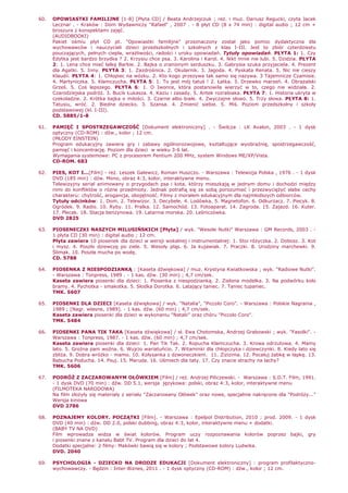 60. OPOWIASTKI FAMILIJNE [1-8] [Płyta CD] / Beata Andrzejczuk ; reŜ. i muz. Dariusz Regucki, czyta Jacek
Lecznar . - Kraków : Dom Wydawniczy "Rafael" , 2007 . - 8 płyt CD (8 x 74 min) : digital audio ; 12 cm +
broszura z konspektami zajęć.
(AUDIOBOOKI)
Pakiet ośmiu płyt CD pt. "Opowiastki familijne" przeznaczony został jako pomoc dydaktyczna dla
wychowawców i nauczycieli dzieci przedszkolnych i szkolnych z klas I-III. Jest to zbiór czterdziestu
pouczających, pełnych ciepła, wraŜliwości, radości i uroku opowiadań. Tytuły opowiadań. PŁYTA 1: 1. Czy
Edytka jest bardzo brzydka ? 2. Krzysiu chce psa. 3. Karolina i Karol. 4. Nikt mnie nie lubi. 5. Dzidzia. PŁYTA
2: 1. Lena chce mieć lalkę Barbie. 2. Bajka o zranionym serduszku. 3. Gabrysia szuka przyjaciela. 4. Prezent
dla Agatki. 5. Inny. PŁYTA 3: 1. Zazdrośnica. 2. Okularnik. 3. Jagoda. 4. Pyskata Renata. 5. Nic nie cieszy
Klaudii. PŁYTA 4: 1. Chłopiec na wózku. 2. Kto kogo przezywa tak samo się nazywa. 3 Tajemnicze Czamisie.
4. Martyniczka. 5. Kłamczucha. PŁYTA 5: 1. To jest mój tatuś ! 2. Łatka. 3. Drzewko marzeń. 4. ObraŜalski
Grześ. 5. Coś lepszego. PŁYTA 6: 1. O Iwonce, która postanowiła wierzyć w to, czego nie widziała. 2.
Czarodziejska podróŜ. 3. Bucik Łukasza. 4. Kaziu i zasady. 5. Antek rozrabiaka. PŁYTA 7: 1. Historia ukryta w
czekoladzie. 2. Krótka bajka o miłości. 3. Czarne albo białe. 4. Zwyczajne słowo. 5. Trzy słowa. PŁYTA 8: 1.
Tatusiu, wróć. 2. Biedne dziecko. 3. Szansa. 4. Zmienić siebie. 5. Miś. Poziom przedszkolny i szkoły
podstawowej (kl. I-III).
CD. 5885/1-8
61. PAMIĘĆ I SPOSTRZEGAWCZOŚĆ [Dokument elektroniczny] . - Świlcza : LK Avalon, 2003 . - 1 dysk
optyczny (CD-ROM) : dźw., kolor ; 12 cm.
(MŁODY EINSTEIN)
Program edukacyjny zawiera gry i zabawy ogólnorozwojowe, kształtujące wyobraźnię, spostrzegawczość,
pamięć i koncentrację. Poziom dla dzieci w wieku 3-6 lat.
Wymagania systemowe: PC z procesorem Pentium 200 MHz, system Windows ME/XP/Vista.
CD-ROM. 683
62. PIES, KOT I...[Film] - reŜ. Leszek Galewicz, Roman Huszczo. - Warszawa : Telewizja Polska , 1976 . - 1 dysk
DVD (185 min) : dźw. Mono, obraz 4:3, kolor, interaktywne menu.
Telewizyjny serial animowany o przygodach psa i kota, którzy mieszkają w jednym domu i dochodzi między
nimi do konfliktów o róŜne przedmioty. Jednak potrafią się ze sobą porozumieć i przezwycięŜyć słabe cechy
charakteru: chytrość, arogancja, obojętność. Filmy z morałem edukacyjnym dla najmłodszych odbiorców.
Tytuły odcinków: 1. Dom. 2. Telewizor. 3. Decybele. 4. Lodówka. 5. Magnetofon. 6. Odkurzacz. 7. Piecyk. 8.
Ogródek. 9. Radio. 10. Ryby. 11. Pralka. 12. Samochód. 13. Fotoaparat. 14. Zagroda. 15. Zajazd. 16. Kuter.
17. Plecak. 18. Stacja benzynowa. 19. Latarnia morska. 20. Leśniczówka.
DVD 2825
63. PIOSENECZKI NASZYCH MILUSIŃSKICH [Płyta] / wyk. "Wesołe Nutki" Warszawa : GM Records, 2003 . -
1 płyta CD (30 min) : digital audio ; 12 cm.
Płyta zawiera 10 piosenek dla dzieci w wersji wokalnej i instrumentalnej: 1. Stoi róŜyczka. 2. Dobosz. 3. Kot
i mysz. 4. Poszło dziewczę po ziele. 5. Wesoły pląs. 6. Ja kujawiak. 7. Praczki. 8. Urodziny marchewki. 9.
Ślimak. 10. Poszła mucha po wodę.
CD. 5788
64. PIOSENKA Z NIESPODZIANKĄ : [Kaseta dźwiękowa] / muz. Krystyna Kwiatkowska ; wyk. "Radiowe Nutki".
- Warszawa : Tonpress, 1989 . - 1 kas. dźw. (30 min) ; 4,7 cm/sek.
Kaseta zawiera piosenki dla dzieci: 1. Piosenka z niespodzianką. 2. Zielona modelka. 3. Na podwórku koło
bramy. 4. Pychotka - smakotka. 5. Słodka Dorotka. 6. Latający taniec. 7. Taniec tupaniec.
TMK. 5607
65. PIOSENKI DLA DZIECI [Kaseta dźwiękowa] / wyk. "Natalia", "Piccolo Coro". - Warszawa : Polskie Nagrania ,
1989 ; [Nagr. własne, 1989]. - 1 kas. dźw. (60 min) ; 4,7 cm/sek.
Kaseta zawiera piosenki dla dzieci w wykonaniu "Natalii" oraz chóru "Piccolo Coro".
TMK. 5484
66. PIOSENKI PANA TIK TAKA [Kaseta dźwiękowa] / sł. Ewa Chotomska, Andrzej Grabowski ; wyk. "Fasolki". -
Warszawa : Tonpress, 1987. - 1 kas. dźw. (60 min) ; 4,7 cm/sek.
Kaseta zawiera piosenki dla dzieci: 1. Pan Tik Tak. 2. Ropucha Kłamczucha. 3. Krowa odrzutowa. 4. Mamy
lato. 5. Groźna pani woźna. 6. Wujcio wariatuńcio. 7. Witaminki dla chłopczyka i dziewczynki. 8. Kiedy lato się
zbliŜa. 9. Dobra wróŜko - mamo. 10. Kołysanka z dzwoneczkiem. 11. Zizizima. 12. Pocałuj Ŝabkę w łapkę. 13.
Babucha Poducha. 14. Psuj. 15. Maruda. 16. Uśmiech dla taty. 17. Czy znacie strachy na lachy?
TMK. 5606
67. PODRÓś Z ZACZAROWANYM OŁÓWKIEM [Film] / reŜ. Andrzej Piliczewski. - Warszawa : S.D.T. Film, 1991.
- 1 dysk DVD (70 min) : dźw. DD 5.1, wersja językowa: polski, obraz 4:3, kolor, interaktywne menu
(FILMOTEKA NARODOWA)
Na film złoŜyły się materiały z serialu "Zaczarowany Ołówek" oraz nowe, specjalnie nakręcone dla "PodróŜy..."
Wersja kinowa
DVD 2786
68. POZNAJEMY KOLORY. POCZĄTKI [Film]. - Warszawa : Epelpol Distribution, 2010 ; prod. 2009. - 1 dysk
DVD (40 min) : dźw. DD 2.0, polski dubbing, obraz 4:3, kolor, interaktywne menu + dodatki.
(BABY TV NA DVD)
Film wprowadza widza w świat kolorów. Program uczy rozpoznawania kolorów poprzez bajki, gry
i piosenki znane z kanału Babt TV. Program dla dzieci do lat 4.
Dodatki specjalne: 2 filmy: Makówki bawią się w kolory ; Podstawowe kolory Ludwika.
DVD. 2040
69. PSYCHOLOGIA - DZIECKO NA DRODZE EDUKACJI [Dokument elektroniczny] : program profilaktyczno-
wychowawczy. - Będzin : Inter-Biznes, 2011 . - 1 dysk optyczny (CD-ROM) : dźw., kolor ; 12 cm.
 