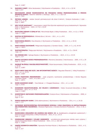 Sygn. C. 11867
54. MAZURKI I BABY / Alina Jakubowska // Wychowanie w Przedszkolu. - 2010 , nr 4, s. 32-34
Sygn. C.217
55. MECHANIZMY ZMIAN ROZWOJOWYCH NA POCZĄTKU WIEKU PRZEDSZKOLNEGO A PROCES
EDUKACJI DZIECI / Sławomir Jabłoński // Edukacja. -2007, nr 1, s. 102-119
Sygn. C. 7923
56. METODA LABANA : zestaw ćwiczeń gimnastycznych dla dzieci 6-letnich / GraŜyna Kozłowska // Lider. -
2005, nr 5 , s. 25
Sygn. C. 9847
57. MÓJ TATUŚ UKOCHANY" : inscenizacja z okazji Dnia Ojca dla najstarszych grup przedszkolnych / Agnieszka
Polak // Wychowawca. - 2003 , nr 7-8, s. 19-20
Sygn. C. 10073
58. MUZYCZNE ZABAWY Z ZIMĄ W TLE / Maria Broda-Bajak // BliŜej Przedszkola. - 2011 , nr 12, s. 76-82
Sygn. C. 11867
59. MUZYKA W PRZEDSZKOLU / ElŜbieta Byra // Ad rem. - 2011 , nr 1, s. 8-9
Sygn. C. 11307
60. NADCHODZĄ ŚWIĘTA / Ewa Skwarka // Wychowanie w Przedszkolu. - 2012 , nr 11, s. 40-43
Sygn. C.217
61. NASZ KODEKS ZACHOWAŃ / Małgorzata Kuligowska // Dyrektor Szkoły. - 2009 , nr 7, s. 42, 44-45
Sygn. C. 10071
62. MUZYKOTERAPIA / Małgorzata Woźniak // Wychowanie w Przedszkolu. - 2010 , nr 3, s. 38-40
Sygn. 217
63. NA ZIMOWE DNI / Jadwiga Raszka // Wychowanie w Przedszkolu . - 2010 , nr 11, s. 33-35
Sygn. C. 217
64. NAUKA CZYTANIA DZIECI PRZEDSZKOLNYCH / Marianna Liberadzka // Wychowawca. - 2009 , nr 4, s. 29
Sygn. C. 10073
65. NAZWAĆ BLIśSZĄ I DALSZĄ RZECZYWISTOŚĆ / Edyta Kaczanowska // BliŜej Przedszkola. - 2010 , nr 12,
s. 92-94
Sygn. C. 11867
66. NIECH MNIE PANI NIE UCZY, JAK WYCHOWYWAĆ DZIECI! / Bogusław Śliwerski // BliŜej Przedszkola. -
2011 , nr 1, s. 73-75
Sygn. C. 11867
67. NOWA PODSTAWA PROGRAMOWA - nowe programy wychowania przedszkolnego / Dorota Bogucka
//Dyrektor Szkoły . - 2010 , nr 6, dod. s. 4-5
Sygn. C. 10071
68. NOWE DZIENNIKI ZAJĘĆ / Ewa Walczak // Przegląd Oświatowy. - 2011 , nr 1, s. 6-8
Sygn. C. 9734
74. DIAGNOZIE NAUCZYCIELSKIEJ, JEJ CELACH I ZAKRESACH / Edyta Gruszczyk-Kolczyńska // BliŜej
Przedszkola. - 2011, nr 1, s. 9-13
Sygn. C. 11867
75. KOMPETENCJI JĘZYKOWEJ PRZEDSZKOLAKÓW / GraŜyna Rura // Wychowanie w Przedszkolu. - 2009, nr
1, s. 14-17
Sygn. C. 217
76. POEZJI KAROLINY KUSEK / Zofia Adamczykowa // Wychowanie w Przedszkolu. - 2011, nr 1, s. 24-26
Sygn. C. 217
77. POTRZEBIE BEZPIECZEŃSTWA PSYCHICZNEGO DZIECKA I JEGO ZNACZENIU W KSZTAŁTOWANIU
SIĘ CHARAKTERU CZŁOWIEKA / Wiesława Mądrowska // Doradca Dyrektora Przedszkola. - 2012, nr 28, s.
4-9
Sygn. C. 11969
78. ROZWIJANIU ZDOLNOŚCI DO UCZENIA SIĘ DZIECI. CZ. 1, Kształtowanie umiejętności społecznych /
Edyta Gruszczyk-Kolczyńska // BliŜej Przedszkola. - 2011, nr 3, s. 10-13
Sygn. C. 11867
79. ODWRACANE OBRAZKI I SYLABY ZAMKNIĘTE : symultaniczno-sekwencyjna metoda nauki czytania /
Jagoda Cieszyńska-RoŜek // BliŜej Przedszkola. - 2011 , nr 3, s. 102-104
Sygn. C. 11867
80. OGRÓD DZIWNYCH KWIATÓW / Agnieszka Ponińska-Puścian // Wychowanie w Przedszkolu. - 2010 , nr 5,
s. 54-55
Sygn. C. 217
 