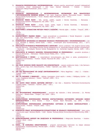 31. EDUKACJA PRZEDSZKOLNA I WCZESNOSZKOLNA : obszary sporów, poszukiwań, wyzwań i doświadczeń
w kontekście zmian oświatowych / red. nauk. Danuta Waloszek. – Kraków : Centrum
Edukacyjne "BliŜej Przedszkola", 2010. – 215 s.
198083
198084 Czyt.
32. EDUKACJA PRZEDSZKOLNA I WCZESNOSZKOLNA WYZWANIEM DLA NAUCZYCIELI
I WYCHOWAWCÓW NOWEGO WIEKU / red. nauk. Eugeniusz Bielicki, Mieczysław Ciosek ; Gdańska
WyŜsza Szkoła Humanistyczna. – Toruń : Wydaw. Adam Marszałek, 2012. – 470 s.
202099 Czyt.
33. EDUKACJA PRZEZ RUCH : fale, spirale, jodełki, zygzaki / Dorota Dziamska. – Warszawa :
Wydawnictwa Szkolne i Pedagogiczne, cop. 2005. – 53 s.
B.14909 Czyt.
34. EDUKACJA PRZEZ RUCH : kropki, kreski, owale, wiązki / Dorota Dziamska. – Warszawa :
Wydawnictwa Szkolne i Pedagogiczne, cop. 2005. – 48 s.
B.14858 Czyt.
35. EFEKTYWNE I ATRAKCYJNE METODY PRACY Z DZIEĆMI / Mariola Jąder. – Kraków : "Impuls", 2009. –
131 s.
196383
196384 Czyt.
36. EKSPERYMENTY MĄDREJ śABKI : nauki przyrodnicze w przedszkolu / Nicole Borgmann ; [przekł.
z jęz. niem. Edyta Panek]. – Kielce : "Jedność", cop. 2011. – 125 s.
200126 Czyt.
37. EUROPEJSKIE WYZWANIA W OBSZARZE EDUKACJI PRZEDSZKOLNEJ I WCZESNOSZKOLNEJ / red.
nauk. Mirosław Z. Babiarz, Daniel Kukla. – Kielce : Uniwersytet Jana Kochanowskiego, 2011. – 327 s.
200703 Czyt.
38. EWALUACJA W EDUKACJI PRZEDSZKOLNEJ I SZKOLNEJ : teoria i praktyka / red. Eugenia Iwona Laska,
Gabriela Paprotna ; Górnośląska WyŜsza Szkoła Pedagogiczna im. Kardynała Augusta Hlonda w Mysłowicach.
– Mysłowice : Górnośląska WyŜsza Szkoła Pedagogiczna im. Kardynała Augusta Hlonda, 2009. – 139 s.
199181 Czyt.
39. EWALUACJA W RAMACH NADZORU PEDAGOGICZNEGO W PRZEDSZKOLU : poradnik dyrektora /
Klemens StróŜyński. – Warszawa : Wolters Kluwer Polska, 2011. – 114 s.
200274 Czyt.
40. GESTYKULACJA I MOWA : o niewerbalnym komunikowaniu się dzieci w wieku przedszkolnym /
Magdalena Grochowalska. – Kraków : Wydaw. Naukowe AP, 2002. – 157 s.
183809 Czyt.
186460
186461
41. JAK MOJE DZIECKO MOśE NAUCZYĆ SIĘ KONCENTRACJI : zawiera praktyczne testy / Uta Reimann-
Höhn ; [przeł. Z jęz. niem. Edyta Brudnik]. – Kielce : "Jedność", cop. 2009. – 85 s.
198759
198760 Czyt.
42. JAK SIĘ PRZYGOTOWAĆ DO ZAJĘĆ ZINTEGROWANYCH? / Maria Węglińska. – Wyd. 2. – Kraków :
"Impuls", 2005. – 125 s.
188190
43. JAK TO PACHNIE I SMAKUJE? : zabawy rozwijające zmysł węchu i smaku / Wolfgang Löscher ; [tł.
z niem. Magdalena Jałowiec]. – Kielce : "Jedność", 2002. – 91 s.
182651 Czyt.
182652
44. JAK UCZYĆ MAŁE DZIECI JĘZYKÓW OBCYCH? / Jan Iluk ; Akademia Techniczno-Humanistyczna
w Bielsku Białej. – Katowice : "Gnome", 2002. – 136 s.
185836 Czyt.
185837
185838
185839
45. JAK WYCHOWYWAĆ PRZEDSZKOLAKA? : poradnik dla rodziców / Anna Jankowska ; [il. Monika
GiełŜecka]. – Bielsko-Biała : "Dragon", cop. 2009. – 208 s.
202056
202057 Czyt.
46. KOMPUTEROWE WSPOMAGANIE PROCESU KSZTAŁTOWANIA GOTOWOŚCI SZKOLNEJ DZIECI
SZEŚCIOLETNICH / Anna Watoła. – Toruń : Wydaw. Adam Marszałek, cop. 2006. – 303 s.
191180 Czyt.
47. KOMPUTEROWE WSPOMAGANIE UMIEJĘTNOŚCI CZYTANIA U DZIECI SZEŚCIOLETNICH /
Joanna Gruba. – Kraków : "Impuls", 2002. – 153 s.
182698
182699 Czyt.
48. KONCEPCJA PRACY WYCHOWAWCZO-DYDAKTYCZNEJ W EDUKACJI PRZEDSZKOLNEJ : plany pracy
i scenariusze zajęć / Barbara Wlaźlik. – Łódź : Wydaw. WyŜszej Szkoły Humanistyczno-Ekonomicznej, 2008. –
138 s.
195273
195274 Czyt.
49. KONSTRUOWANIE WIEDZY NA ZAJĘCIACH W PRZEDSZKOLU / Małgorzata Sławińska. – Kraków :
"Impuls", 2010. – 256 s.
197897
197898 Czyt.
50. KROK... W KIERUNKU KREATYWNOŚCI : program stymulowania twórczości na etapie edukacji
przedszkolnej i wczesnoszkolnej / Mariola Jąder. – Kraków : "Impuls", 2005. – 30 s.
188183 Czyt.
188184
 