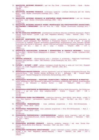70. NAUCZYCIEL WCZESNEJ EDUKACJI / pod red. Ewy Smak ; Uniwersytet Opolski. – Opole : Wydaw.
UO, 2009. – 260 s.
198198
198199 Czyt.
71. NAUCZYCIEL WCZESNEJ EDUKACJI: oczekiwania społeczne i praktyka edukacyjna pod red. Jolanty
Bonar. – Łódź : Wydaw. Uniwersytetu Łódzkiego, 2011. – 296 s.
200066
200067 Czyt.
72. NAUCZYCIEL WCZESNEJ EDUKACJI W KONTEKŚCIE ZMIAN EDUKACYJNYCH / pod red. Wiesławy
LeŜańskiej. – Łódź : Wydaw. Uniwersytetu Łódzkiego, 2009. – 528 s.
197879
197880 Czyt.
73. NAUCZYCIEL WCZESNEJ EDUKACJI WOBEC ZMIENIAJĄCEJ SIĘ RZECZYWISTOŚCI EDUKACYJNEJ,
KULTUROWEJ I SPOŁECZNEJ / pod red. Anny Tyl. – Łódź : Wydaw. Uniwersytetu Łódzkiego, 2011. –
232 s.
201829
201830 Czyt.
74. NIE MA CZASU DLA KSIĘśNICZKI : przedstawienia kukiełkowe dotyczące problemów dziecięcych / Beatrix
Koloska, Ingrid Markert ; [przekł. z jęz. niem. Magdalena Jałowiec]. – Kielce : "Jedność", 2002. – 74 s.
182500
182501 Czyt.
75. ODKRYJMY MONTESSORI RAZ JESZCZE... : program wychowania przedszkolnego opracowany na
podstawie załoŜeń pedagogiki Marii Montessori w Przedszkolu Miejskim nr 106 w Łodzi : II nagroda
w konkursie na najlepszy program wychowania przedszkolnego zorganizowanym przez Centralny Ośrodek
Doskonalenia Nauczycieli w Warszawie - sierpień 2009 pod patronatem Ministra Edukacji Narodowej / Renata
Czekalska [et al.]. – Wyd. 2 zm. i uzup. – Kraków : "Impuls", 2009. – 137 s.
196897
196898 Czyt.
76. ORIENTACJA EKOLOGICZNA, GLOBALNA I PODMIOTOWA W EDUKACJI WCZESNEJ / Apolonia
Suchora-Olech ; WyŜsza Szkoła Pedagogiczna w Słupsku. – Wyd. 2. – Słupsk : Wydaw. Uczelniane WSP,
2006. – 275 s.
190502 Czyt.
190503
77. OWOCNA EDUKACJA : indywidualizacja pracy z dzieckiem w przedszkolu / Małgorzata Kwaśniewska,
Wiesława śaba-śabińska. – Kielce : MAC Edukacja – Grupa Edukacyjna, cop. 2011. – 87 s.
201215 Czyt.
201283
78. PATRZEĆ – SŁYSZEĆ – CZUĆ : zabawy rozwijające zmysły dla dzieci w wieku od 3 do 8 lat / Elisabeth
Wagner ; [tł. z niem. Magdalena Jałowiec]. – Kielce : "Jedność", 2002.–80 s.
182653 Czyt.
182654
79. PEDAGOGIKA MAŁEGO DZIECKA : wybrane zagadnienia / pod red. Małgorzaty Karwowskiej-Struczyk, Ewy
Słodownik-Rycaj ; [aut. tekstów Danuta Al-Khamisy et al.]. – Warszawa : IBE - Instytut Badań
Edukacyjnych : Wydział Pedagogiczny Uniwersytetu Warszawskiego, 2007. – 266 s.
194068
194069 Czyt.
80. PEDAGOGIKA MONTESSORI – PODSTAWY TEORETYCZNE I TWÓRCZE INSPIRACJE W PRAKTYCE :
system pedagogiczny Marii Montessori w placówkach wychowania przedszkolnego i edukacji wczesnoszkolnej
w Polsce i we Włoszech / Barbara Surma. – Łódź : "Palatum", 2008. – 220 s.
195446 Czyt.
195447
197544
81. PEDAGOGIKA MONTESSORI W PRZEDSZKOLU I SZKOLE / Kristina Skjöld Wennerström, Mari Bröderman
Smeds ; z jęz szw. przeł. Ilona Łabędzka-Karlöf. – Kraków : "Impuls", 2007. – 148 s.
191781 Czyt.
191782
191783
82. PEDAGOGIKA PLANU DALTOŃSKIEGO : praktyczna inspiracja / Roel Röhner, Hans Wenke ; przekł. [z
niem.] Ewa Zygmunt ; wprowadzenie Bogusław Śliwerski. – [Łódź] : "Sor-Man", cop. 2011. – 200 s.
199652
199653 Czyt.
83. PEDAGOGIKA PRZEDSZKOLNA : nowa podstawa programowa / Anna Klim-Klimaszewska. –
Warszawa : "Erica", 2010. – 376 s.
197948
84. PEDAGOGIKA PRZEDSZKOLNA: nowa podstawa programowa / Anna Klim-Klimaszewska. – Wyd. 2. –
Warszawa : "Erica", 2012. – 375 s.
201567
201568 Czyt.
85. PEDAGOGIKA PRZEDSZKOLNA I WCZESNOSZKOLNA : badania, opinie, inspiracje / pod red. nauk.
Małgorzaty Karwowskiej-Struczyk, Doroty Sobierańskiej, Magdaleny Szpotowicz. – Warszawa : "śak",
cop. 2011. – 446 s.
200466
200467 Czyt.
86. PEDAGOGIKA WCZESNEJ EDUKACJI : dyskursy, problemy, otwarcia / red. nauk. Dorota Klus-
Stańska, Dorota Bronk, Anna Malenda. – Warszawa : "śak", cop. 2011. – 639 s.
200931
200932 Czyt.
87. PODRĘCZNIK ROZWIJANIA KREATYWNOŚCI : sztuka i twórczość w pracy z dziećmi / Daniela Braun ;
[przekł. z jęz. niem. Magdalena Jałowiec-Sawicka]. – Kielce : "Jedność", cop. 2009. – 216 s.
196739 Czyt.
199222
 