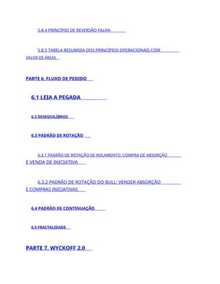 5.8.4 PRINCÍPIO DE REVERSÃO FALHA
5.8.5 TABELA RESUMIDA DOS PRINCÍPIOS OPERACIONAIS COM
VALOR DE ÁREAS
PARTE 6. FLUXO DE PEDIDO
6.1 LEIA A PEGADA
6.2 DESEQUILÍBROS
6.3 PADRÃO DE ROTAÇÃO
6.3.1 PADRÃO DE ROTAÇÃO DE ROLAMENTO: COMPRA DE ABSORÇÃO
E VENDA DE INICIATIVA
6.3.2 PADRÃO DE ROTAÇÃO DO BULL: VENDER ABSORÇÃO
E COMPRAS INICIATIVAS
6.4 PADRÃO DE CONTINUAÇÃO
6,5 FRACTALIDADE
PARTE 7. WYCKOFF 2.0
 