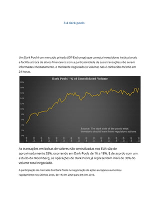 3.4 dark pools
Um Dark Pool é um mercado privado (Off-Exchange) que conecta investidores institucionais
e facilita a troca de ativos financeiros com a particularidade de suas transações não serem
informadas imediatamente, o montante negociado (o volume) não é conhecido mesmo em
24 horas.
As transações em bolsas de valores não centralizadas nos EUA são de
aproximadamente 35%, ocorrendo em Dark Pools de 16 a 18%. E de acordo com um
estudo da Bloomberg, as operações de Dark Pools já representam mais de 30% do
volume total negociado.
A participação de mercado dos Dark Pools na negociação de ações europeias aumentou
rapidamente nos últimos anos, de 1% em 2009 para 8% em 2016.
 