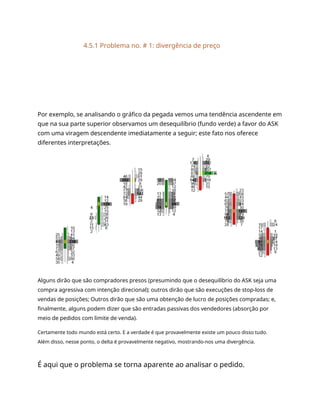 4.5.1 Problema no. # 1: divergência de preço
Por exemplo, se analisando o gráfico da pegada vemos uma tendência ascendente em
que na sua parte superior observamos um desequilíbrio (fundo verde) a favor do ASK
com uma viragem descendente imediatamente a seguir; este fato nos oferece
diferentes interpretações.
Alguns dirão que são compradores presos (presumindo que o desequilíbrio do ASK seja uma
compra agressiva com intenção direcional); outros dirão que são execuções de stop-loss de
vendas de posições; Outros dirão que são uma obtenção de lucro de posições compradas; e,
finalmente, alguns podem dizer que são entradas passivas dos vendedores (absorção por
meio de pedidos com limite de venda).
Certamente todo mundo está certo. E a verdade é que provavelmente existe um pouco disso tudo.
Além disso, nesse ponto, o delta é provavelmente negativo, mostrando-nos uma divergência.
É aqui que o problema se torna aparente ao analisar o pedido.
 