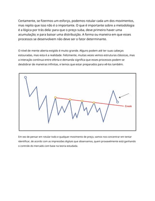 Certamente, se fizermos um esforço, podemos rotular cada um dos movimentos,
mas repito que isso não é o importante. O que é importante sobre a metodologia
é a lógica por trás dela: para que o preço suba, deve primeiro haver uma
acumulação; e para baixar uma distribuição. A forma ou maneira em que esses
processos se desenvolvem não deve ser o fator determinante.
O nível de mente aberta exigido é muito grande. Alguns podem até ter suas cabeças
estouradas, mas esta é a realidade. Felizmente, muitas vezes vemos estruturas clássicas, mas
a interação contínua entre oferta e demanda significa que esses processos podem se
desdobrar de maneiras infinitas, e temos que estar preparados para vê-los também.
Em vez de pensar em rotular todo e qualquer movimento de preço, vamos nos concentrar em tentar
identificar, de acordo com as impressões digitais que observamos, quem provavelmente está ganhando
o controle do mercado com base na teoria estudada.
 