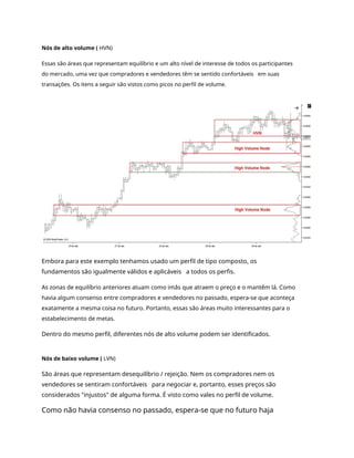 Nós de alto volume ( HVN)
Essas são áreas que representam equilíbrio e um alto nível de interesse de todos os participantes
do mercado, uma vez que compradores e vendedores têm se sentido confortáveis em suas
transações. Os itens a seguir são vistos como picos no perfil de volume.
Embora para este exemplo tenhamos usado um perfil de tipo composto, os
fundamentos são igualmente válidos e aplicáveis a todos os perfis.
As zonas de equilíbrio anteriores atuam como imãs que atraem o preço e o mantêm lá. Como
havia algum consenso entre compradores e vendedores no passado, espera-se que aconteça
exatamente a mesma coisa no futuro. Portanto, essas são áreas muito interessantes para o
estabelecimento de metas.
Dentro do mesmo perfil, diferentes nós de alto volume podem ser identificados.
Nós de baixo volume ( LVN)
São áreas que representam desequilíbrio / rejeição. Nem os compradores nem os
vendedores se sentiram confortáveis para negociar e, portanto, esses preços são
considerados "injustos" de alguma forma. É visto como vales no perfil de volume.
Como não havia consenso no passado, espera-se que no futuro haja
 