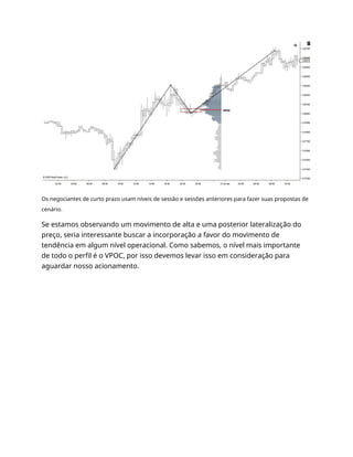 Os negociantes de curto prazo usam níveis de sessão e sessões anteriores para fazer suas propostas de
cenário.
Se estamos observando um movimento de alta e uma posterior lateralização do
preço, seria interessante buscar a incorporação a favor do movimento de
tendência em algum nível operacional. Como sabemos, o nível mais importante
de todo o perfil é o VPOC, por isso devemos levar isso em consideração para
aguardar nosso acionamento.
 