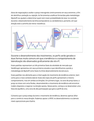(faixa de negociação) e avaliar o preço interagindo continuamente em seus extremos, a fim
de identificar aceitação ou rejeição. As ferramentas analíticas fornecidas pela metodologia
Wyckoff nos ajudam a determinar quem tem maior probabilidade de estar no controle
durante o desenvolvimento da linha (compradores ou vendedores) e, portanto, em que
direção está o caminho de menor resistência.
Durante o desenvolvimento dos movimentos, os perfis serão gerados e
duas formas muito comuns em que a tendência e o comportamento de
lateralização são observados graficamente são ob e P.
Esses padrões representam as três primeiras fases da atividade de mercado que
Steidlmayer apresentou em seus primeiros estudos e que identificamos usando a
metodologia de Wyckoff como fases A e B do desenvolvimento da estrutura.
Esses padrões nos alertarão para a interrupção do movimento de tendência anterior, bem
como para o novo contexto lateral. Esses dois tipos de perfis apresentam o mesmo
comportamento, mas em ambas as direções. Em primeiro lugar, na zona de preço baixo, o
preço se move com certa fluidez, desenvolvendo o movimento de tendência até encontrar
traders dispostos a negociar na direção oposta. Nesse ponto, começa a se desenvolver uma
faixa de equilíbrio, uma zona de alta participação que gera o perfil do sino.
Contanto que o preço esteja durante o movimento de tendência, devemos apenas olhar
para o comércio nessa direção. Podemos apoiar o VPOC no desenvolvimento e os demais
níveis operacionais para fazê-lo.
 