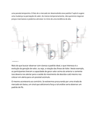 uma parada temporária. O fato de o mercado ter desenvolvido esse padrão P após b sugere
uma mudança na percepção do valor. Ao menos temporariamente, não queremos negociar
preços mais baixos e podemos até estar no início de uma tendência de alta.
Mais do que buscar observar com clareza o padrão ideal, o que interessa é a
evolução da geração de valor, ou seja, a rotação das Áreas de Valor. Neste exemplo,
os participantes tiveram a capacidade de gerar valor acima do anterior e somente
isso deveria nos alertar para a saúde do movimento de descida e até mesmo nos
colocar em alerta para um possível acúmulo.
O mesmo aconteceria ao contrário. Se estivermos procurando por uma virada de
mercado em baixa, um sinal que adicionaria força a tal análise seria observar um
padrão de Pb.
 