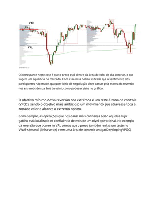 O interessante neste caso é que o preço está dentro da área de valor do dia anterior, o que
sugere um equilíbrio no mercado. Com essa ideia básica, e desde que o sentimento dos
participantes não mude, qualquer ideia de negociação deve passar pela espera da reversão
nos extremos de sua área de valor, como pode ser visto no gráfico.
O objetivo mínimo dessa reversão nos extremos é um teste à zona de controle
(VPOC), sendo o objetivo mais ambicioso um movimento que atravesse toda a
zona de valor e alcance o extremo oposto.
Como sempre, as operações que nos darão mais confiança serão aquelas cujo
gatilho está localizado na confluência de mais de um nível operacional. No exemplo
da reversão que ocorre no VAL vemos que o preço também realiza um teste no
VWAP semanal (linha verde) e em uma área de controle antiga (DevelopingVPOC).
 