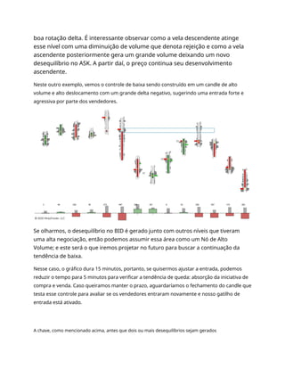 boa rotação delta. É interessante observar como a vela descendente atinge
esse nível com uma diminuição de volume que denota rejeição e como a vela
ascendente posteriormente gera um grande volume deixando um novo
desequilíbrio no ASK. A partir daí, o preço continua seu desenvolvimento
ascendente.
Neste outro exemplo, vemos o controle de baixa sendo construído em um candle de alto
volume e alto deslocamento com um grande delta negativo, sugerindo uma entrada forte e
agressiva por parte dos vendedores.
Se olharmos, o desequilíbrio no BID é gerado junto com outros níveis que tiveram
uma alta negociação, então podemos assumir essa área como um Nó de Alto
Volume; e este será o que iremos projetar no futuro para buscar a continuação da
tendência de baixa.
Nesse caso, o gráfico dura 15 minutos, portanto, se quisermos ajustar a entrada, podemos
reduzir o tempo para 5 minutos para verificar a tendência de queda: absorção da iniciativa de
compra e venda. Caso queiramos manter o prazo, aguardaríamos o fechamento do candle que
testa esse controle para avaliar se os vendedores entraram novamente e nosso gatilho de
entrada está ativado.
A chave, como mencionado acima, antes que dois ou mais desequilíbrios sejam gerados
 