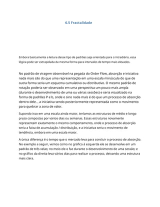 6.5 Fractalidade
Embora basicamente a leitura desse tipo de padrões seja orientada para o intradiário, essa
lógica pode ser extrapolada da mesma forma para intervalos de tempo mais elevados.
No padrão de viragem observável na pegada do Order Flow, absorção e iniciativa
nada mais são do que uma representação em uma escala minúscula do que de
outra forma seria um esquema cumulativo ou distributivo. O mesmo padrão de
rotação poderia ser observado em uma perspectiva um pouco mais ampla
(durante o desenvolvimento de uma ou várias sessões) e seria visualizado na
forma de padrões P e b, onde o sino nada mais é do que um processo de absorção
dentro dele. , a iniciativa sendo posteriormente representada como o movimento
para quebrar a zona de valor.
Supondo isso em uma escala ainda maior, teríamos as estruturas de médio e longo
prazo compostas por vários dias ou semanas. Essas estruturas novamente
representam exatamente o mesmo comportamento, onde o processo de absorção
seria a faixa de acumulação / distribuição, e a iniciativa seria o movimento de
tendência, embora em uma escala maior.
A única diferença é o tempo que o mercado leva para concluir o processo de absorção.
No exemplo a seguir, vemos como no gráfico à esquerda ele se desenvolve em um
padrão de três velas; no meio ele o faz durante o desenvolvimento de uma sessão; e
no gráfico da direita leva vários dias para realizar o processo, deixando uma estrutura
mais clara.
 