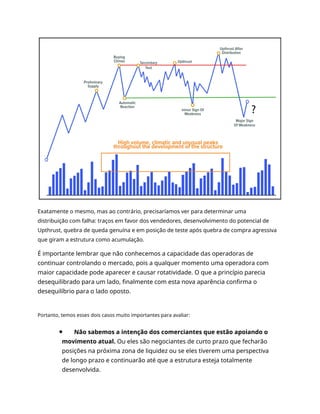 Exatamente o mesmo, mas ao contrário, precisaríamos ver para determinar uma
distribuição com falha: traços em favor dos vendedores, desenvolvimento do potencial de
Upthrust, quebra de queda genuína e em posição de teste após quebra de compra agressiva
que giram a estrutura como acumulação.
É importante lembrar que não conhecemos a capacidade das operadoras de
continuar controlando o mercado, pois a qualquer momento uma operadora com
maior capacidade pode aparecer e causar rotatividade. O que a princípio parecia
desequilibrado para um lado, finalmente com esta nova aparência confirma o
desequilíbrio para o lado oposto.
Portanto, temos esses dois casos muito importantes para avaliar:
Não sabemos a intenção dos comerciantes que estão apoiando o
movimento atual. Ou eles são negociantes de curto prazo que fecharão
posições na próxima zona de liquidez ou se eles tiverem uma perspectiva
de longo prazo e continuarão até que a estrutura esteja totalmente
desenvolvida.
 