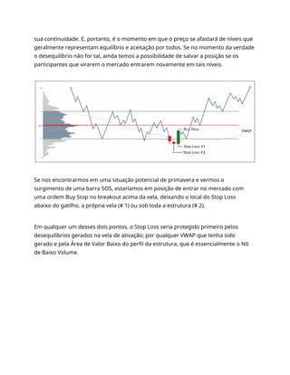 sua continuidade. E, portanto, é o momento em que o preço se afastará de níveis que
geralmente representam equilíbrio e aceitação por todos. Se no momento da verdade
o desequilíbrio não for tal, ainda temos a possibilidade de salvar a posição se os
participantes que virarem o mercado entrarem novamente em tais níveis.
Se nos encontrarmos em uma situação potencial de primavera e vermos o
surgimento de uma barra SOS, estaríamos em posição de entrar no mercado com
uma ordem Buy Stop no breakout acima da vela, deixando o local do Stop Loss
abaixo do gatilho. a própria vela (# 1) ou sob toda a estrutura (# 2).
Em qualquer um desses dois pontos, o Stop Loss seria protegido primeiro pelos
desequilíbrios gerados na vela de ativação; por qualquer VWAP que tenha sido
gerado e pela Área de Valor Baixo do perfil da estrutura, que é essencialmente o Nó
de Baixo Volume.
 