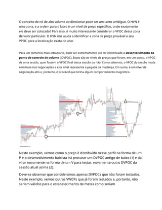O conceito de nó de alto volume ao direcionar pode ser um tanto ambíguo. O HVN é
uma zona, e a ordem para o lucro é um nível de preço específico, onde exatamente
ele deve ser colocado? Para isso, é muito interessante considerar o VPOC dessa zona
de valor particular. O HVN nos ajuda a identificar a zona de preço provável e seu
VPOC para a localização exata do alvo.
Para um comércio mais intradiário, pode ser extremamente útil ter identificado o Desenvolvimento do
ponto de controle de volume ( DVPOC). Esses são os níveis de preços que foram, em um ponto, o VPOC
de uma sessão, quer fossem o VPOC final dessa sessão ou não. Como sabemos, o VPOC da sessão muda
com base nas negociações e este nível representa a pegada da mudança. Em suma, é um nível de
negociação alto e, portanto, é provável que tenha algum comportamento magnético.
Neste exemplo, vemos como o preço é distribuído nesse perfil na forma de um
P e o desenvolvimento baixista irá procurar um DVPOC antigo de baixo (1) e daí
virar novamente na forma de um V para testar. novamente outro DVPOC da
sessão atual acima (2).
Deve-se observar que consideramos apenas DVPOCs que não foram testados.
Neste exemplo, vemos outros VWCPs que já foram testados e, portanto, não
seriam válidos para o estabelecimento de metas como seriam
 