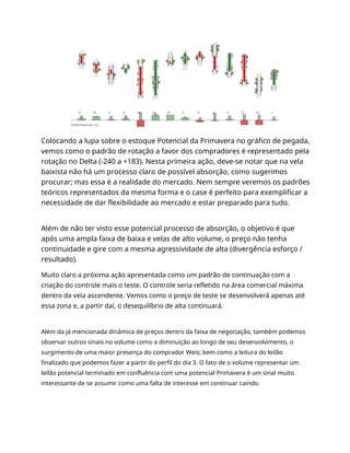 Colocando a lupa sobre o estoque Potencial da Primavera no gráfico de pegada,
vemos como o padrão de rotação a favor dos compradores é representado pela
rotação no Delta (-240 a +183). Nesta primeira ação, deve-se notar que na vela
baixista não há um processo claro de possível absorção, como sugerimos
procurar; mas essa é a realidade do mercado. Nem sempre veremos os padrões
teóricos representados da mesma forma e o case é perfeito para exemplificar a
necessidade de dar flexibilidade ao mercado e estar preparado para tudo.
Além de não ter visto esse potencial processo de absorção, o objetivo é que
após uma ampla faixa de baixa e velas de alto volume, o preço não tenha
continuidade e gire com a mesma agressividade de alta (divergência esforço /
resultado).
Muito claro a próxima ação apresentada como um padrão de continuação com a
criação do controle mais o teste. O controle seria refletido na área comercial máxima
dentro da vela ascendente. Vemos como o preço de teste se desenvolverá apenas até
essa zona e, a partir daí, o desequilíbrio de alta continuará.
Além da já mencionada dinâmica de preços dentro da faixa de negociação, também podemos
observar outros sinais no volume como a diminuição ao longo de seu desenvolvimento, o
surgimento de uma maior presença do comprador Weis; bem como a leitura do leilão
finalizado que podemos fazer a partir do perfil do dia 3. O fato de o volume representar um
leilão potencial terminado em confluência com uma potencial Primavera é um sinal muito
interessante de se assumir como uma falta de interesse em continuar caindo.
 