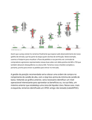 Assim que o preço estiver lá, teríamos finalmente que esperar pelo desenvolvimento de nosso
gatilho de entrada, que faz parte da etapa quatro da lista de verificação. Neste exemplo,
usamos o Footprint para visualizar o fluxo de pedidos e nos permitiu ver a entrada de
compradores agressivos representados nessas duas velas com delta positivo de 685 e 793 que
também deixaram desequilíbrios na coluna ASK. Teríamos nosso checklist completo e,
portanto, pronto para enviar os pedidos para entrar no mercado.
A gestão da posição recomendada seria colocar uma ordem de compra no
rompimento do candle de alta, com o stop loss acima da mínima do candle de
baixa. Voltando ao gráfico anterior, seria necessário identificar um nível
operacional interessante para aproveitar os benefícios ou, na sua falta, um
máximo anterior que estabeleça uma zona de liquidez clara. Nesse caso, mais
à esquerda, teríamos identificado um VPOC antigo não testado (nakedVPOC).
 