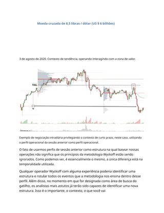 Moeda cruzada de 8,5 libras / dólar (US $ 6 bilhões)
3 de agosto de 2020. Contexto de tendência, operando interagindo com a zona de valor.
Exemplo de negociação intradiária privilegiando o contexto de curto prazo, neste caso, utilizando
o perfil operacional da sessão anterior como perfil operacional.
O fato de usarmos perfis de sessão anterior como estrutura na qual basear nossas
operações não significa que os princípios da metodologia Wyckoff estão sendo
ignorados. Como podemos ver, é essencialmente o mesmo, a única diferença está na
temporalidade utilizada.
Qualquer operador Wyckoff com alguma experiência poderia identificar uma
estrutura e rotular todos os eventos que a metodologia nos ensina dentro desse
perfil. Além disso, no momento em que for designada como área de busca do
gatilho, os analistas mais astutos já terão sido capazes de identificar uma nova
estrutura. Isso é o importante, o contexto, o que você vai
 