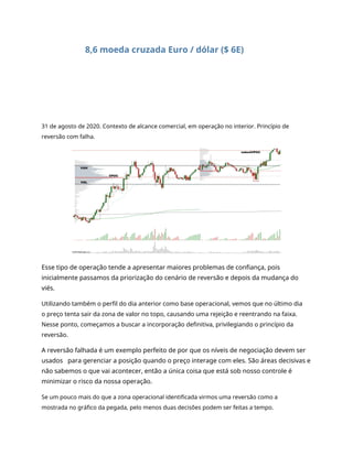 8,6 moeda cruzada Euro / dólar ($ 6E)
31 de agosto de 2020. Contexto de alcance comercial, em operação no interior. Princípio de
reversão com falha.
Esse tipo de operação tende a apresentar maiores problemas de confiança, pois
inicialmente passamos da priorização do cenário de reversão e depois da mudança do
viés.
Utilizando também o perfil do dia anterior como base operacional, vemos que no último dia
o preço tenta sair da zona de valor no topo, causando uma rejeição e reentrando na faixa.
Nesse ponto, começamos a buscar a incorporação definitiva, privilegiando o princípio da
reversão.
A reversão falhada é um exemplo perfeito de por que os níveis de negociação devem ser
usados para gerenciar a posição quando o preço interage com eles. São áreas decisivas e
não sabemos o que vai acontecer, então a única coisa que está sob nosso controle é
minimizar o risco da nossa operação.
Se um pouco mais do que a zona operacional identificada virmos uma reversão como a
mostrada no gráfico da pegada, pelo menos duas decisões podem ser feitas a tempo.
 