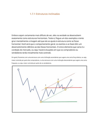 1.7.1 Estruturas inclinadas
Embora sejam certamente mais difíceis de ver, eles na verdade se desenvolvem
exatamente como estruturas horizontais. Teste-o; Pegue um dos exemplos e tente
girar mentalmente a imagem até que ela se ajuste à estrutura como se fosse
horizontal. Você verá que o comportamento geral, os eventos e as fases têm um
desenvolvimento idêntico ao das faixas horizontais. O único elemento que varia é a
condição do mercado, ou seja, haverá situações em que os compradores ou
vendedores terão inicialmente mais controle.
Em geral, ficaremos com uma estrutura com uma inclinação ascendente que sugere uma certa força básica, ou seja,
maior controle por parte dos compradores, e uma estrutura com uma inclinação descendente que sugere uma certa
fraqueza, ou seja, maior controle por parte de os vendedores.
 