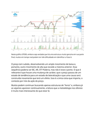 Neste gráfico SP500, embora seja verdade que há uma estrutura muito genuína em sua parte
final, muitos em tempo real podem ter tido dificuldade em identificar a Fase A.
O preço tem subido, desenvolvendo um amplo movimento de baixa e,
portanto, outro movimento de alta que excede a máxima anterior. Essa
sequência poderia ser BC, AR, ST? Poderia, mas não é esse o ponto. O que é
relevante é que houve uma mudança de caráter; que o preço passou de um
estado de tendência para um estado de lateralização e que uma causa será
construída novamente que terá um efeito. Isso é a única coisa que importa, o
contexto por trás da ação do preço.
Muitos podem continuar buscando apenas estruturas de "livros" e, embora já
as vejamos aparecer continuamente, a leitura que a metodologia nos oferece
é muito mais interessante do que estar lá.
 