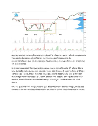 Aqui vemos outro exemplo exatamente igual. Se olharmos o mercado de um ponto de
vista estrito buscando identificar os movimentos perfeitos dentro da
proporcionalidade que em tese deveria haver entre as fases, podemos ter problemas
em identificá-los.
Se tratarmos esses três movimentos que eu marco como SC, AR e ST, a Fase B teria
uma duração muito curta, pois o único evento objetivo que é observado no gráfico é
o choque da Fase C. O que faremos então se a teoria disser ? Essa fase B deve ser
mais longa do que as fases A e C? Bem, então nada, a teoria é boa para generalizar
eventos, mas executar e analisar em tempo real exigirá uma mente muito mais
aberta.
Uma vez que um trader atinge um certo grau de conhecimento da metodologia, ele deve se
concentrar em ver o mercado em termos de dinâmica de preços e não em termos de rótulos.
 
