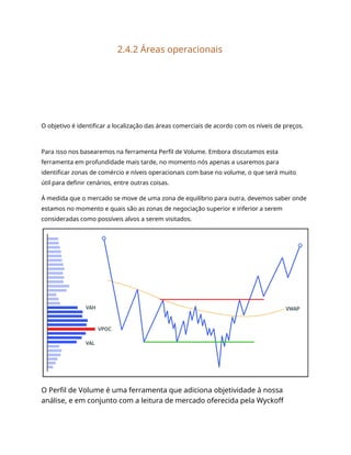 2.4.2 Áreas operacionais
O objetivo é identificar a localização das áreas comerciais de acordo com os níveis de preços.
Para isso nos basearemos na ferramenta Perfil de Volume. Embora discutamos esta
ferramenta em profundidade mais tarde, no momento nós apenas a usaremos para
identificar zonas de comércio e níveis operacionais com base no volume, o que será muito
útil para definir cenários, entre outras coisas.
À medida que o mercado se move de uma zona de equilíbrio para outra, devemos saber onde
estamos no momento e quais são as zonas de negociação superior e inferior a serem
consideradas como possíveis alvos a serem visitados.
O Perfil de Volume é uma ferramenta que adiciona objetividade à nossa
análise, e em conjunto com a leitura de mercado oferecida pela Wyckoff
 