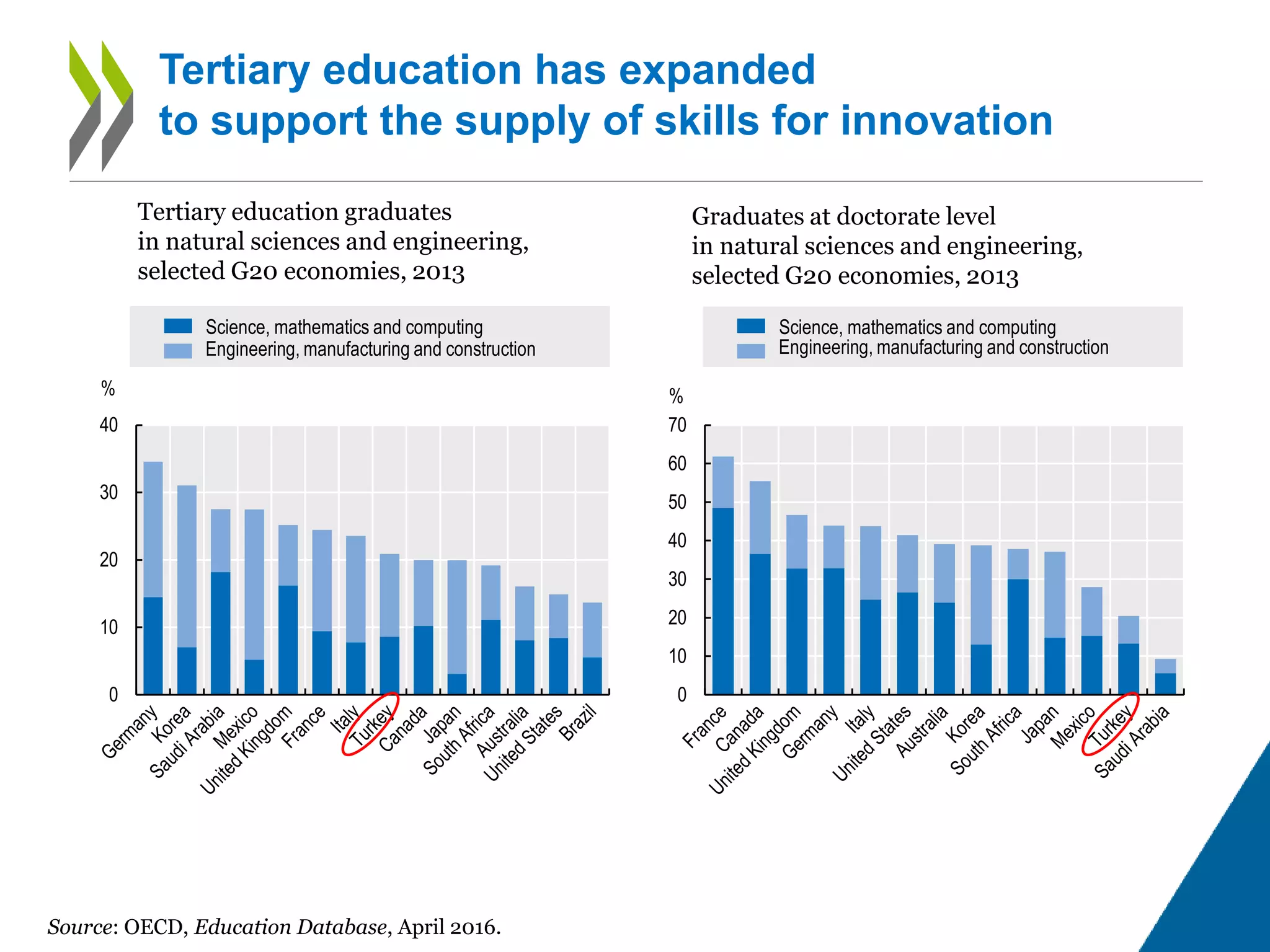 0
10
20
30
40
50
60
70
%
Science, mathematics and computing
Engineering, manufacturing and construction
0
10
20
30
40
%
Science, mathematics and computing
Engineering, manufacturing and construction
Tertiary education has expanded
to support the supply of skills for innovation
Tertiary education graduates
in natural sciences and engineering,
selected G20 economies, 2013
Graduates at doctorate level
in natural sciences and engineering,
selected G20 economies, 2013
Source: OECD, Education Database, April 2016.
 