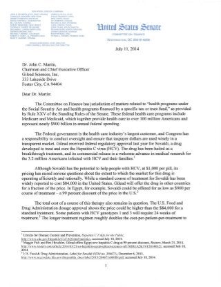 Global Medical Cures™| Sen Grassley/Wyden Letter to Gilead questioning SOVALDI Pricing