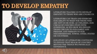 LITERATURE TEACHES US TO DEVELOP
EMPATHY TO THOSE WHO ARE UNLIKE US.
LITERATURE CAN TRAIN AND EXERCISE
OUR ABILITY TO WEEP FOR THOSE WHO
ARE NOT US OR OURS. AS CHILDREN, OUR
CIRCLE OF CONCERN STOPS WITH
OURSELVES. AS WE GROW WE EXPAND
THOSE CIRCLES TO OUR FAMILY AND
FRIENDS, AND PERHAPS TO OUR
NEIGHBORHOODS, TOWNS, CITIES, STATES
OR COUNTRIES.
OUR STUDY OF LITERATURE CONTINUES
TO EXPAND THAT REALM OF CONCERN
BEYOND THE THINGS WE PHYSICALLY
EXPERIENCE.
 