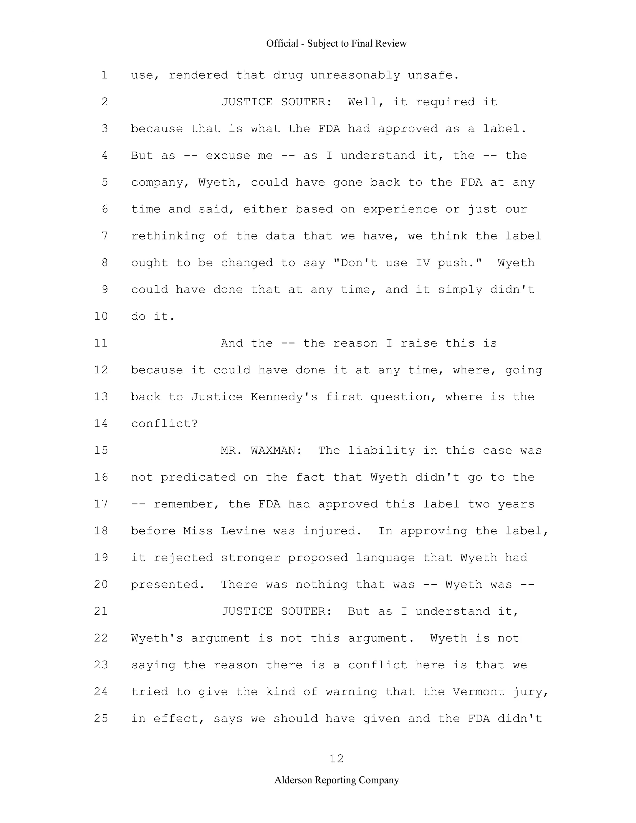 2009 BIOL503 Class 3 Supporting document: Wyeth V Levine Scotus Oral Argument Transcript 06 1249