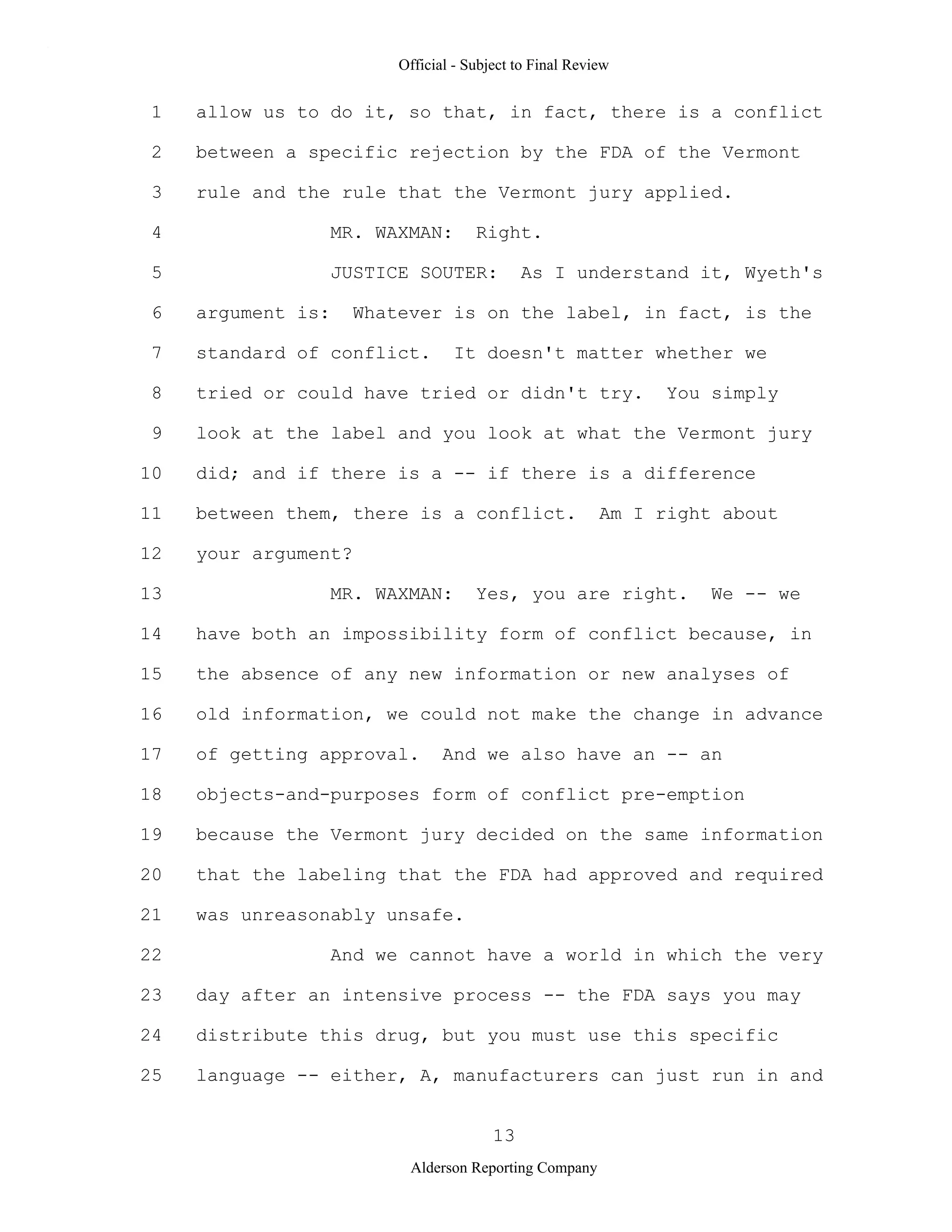 2009 BIOL503 Class 3 Supporting document: Wyeth V Levine Scotus Oral Argument Transcript 06 1249