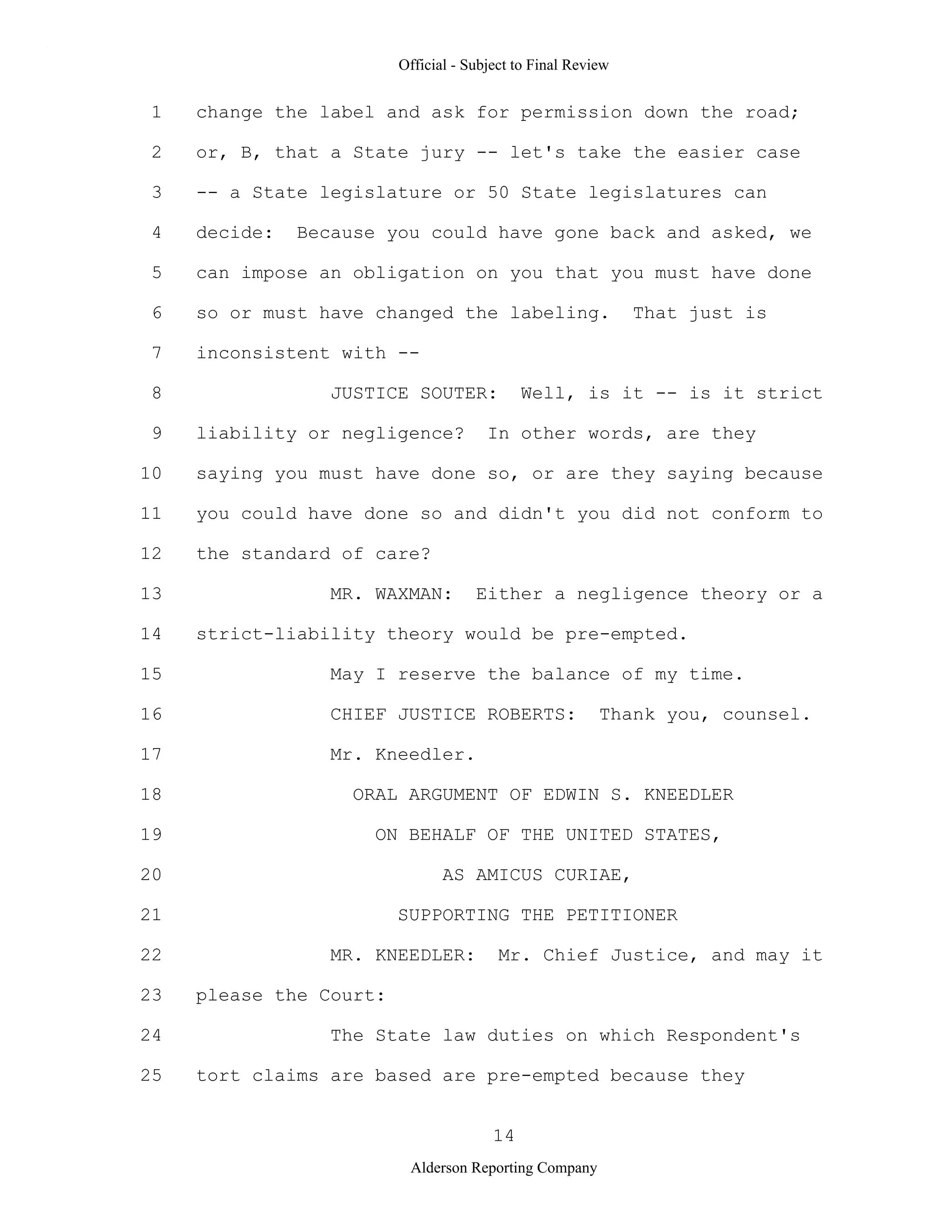 2009 BIOL503 Class 3 Supporting document: Wyeth V Levine Scotus Oral Argument Transcript 06 1249
